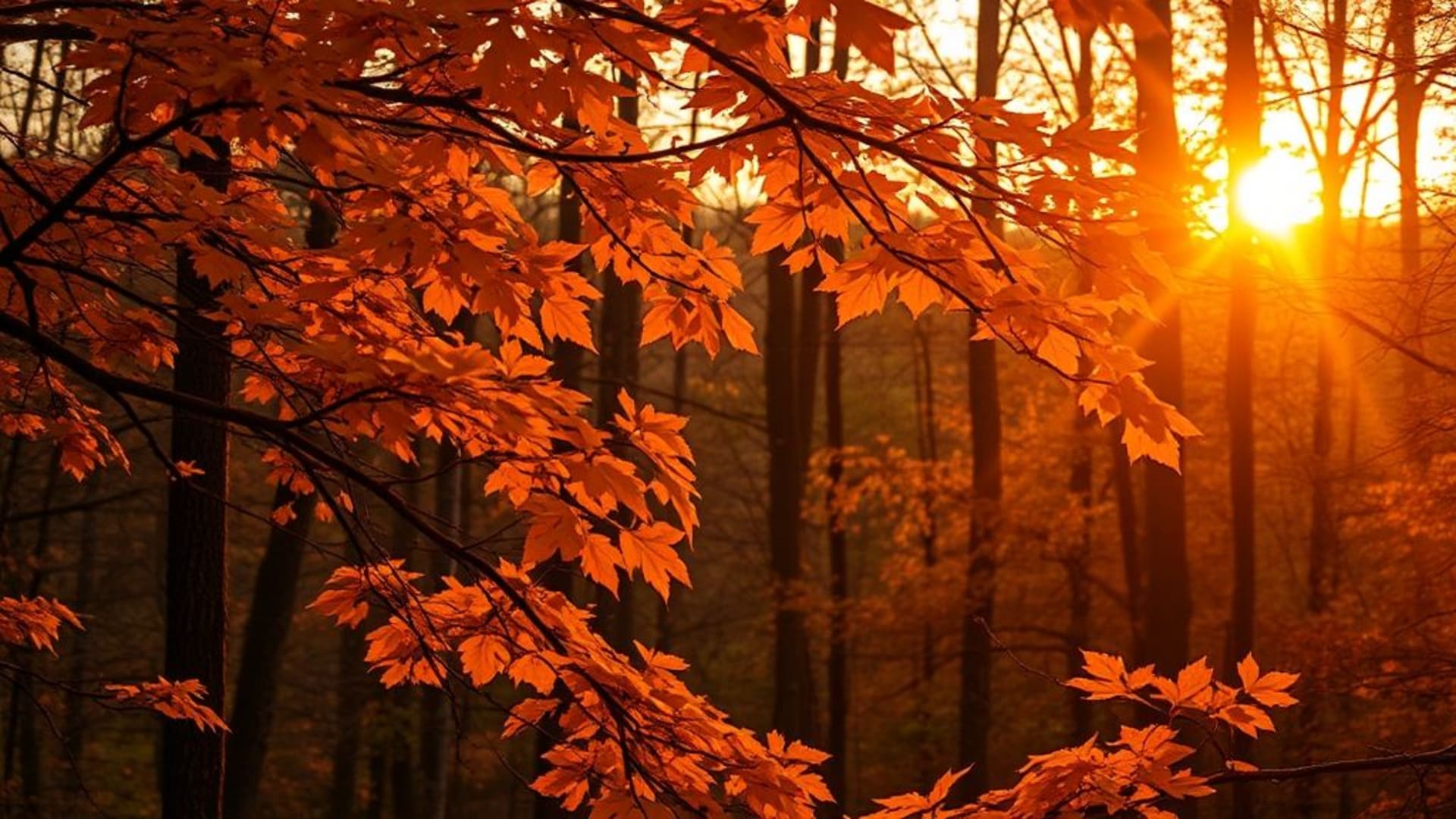 Feuilles d'automne branches dorées ambiance chaleureuse coucher de soleil forêt fond ecran nature