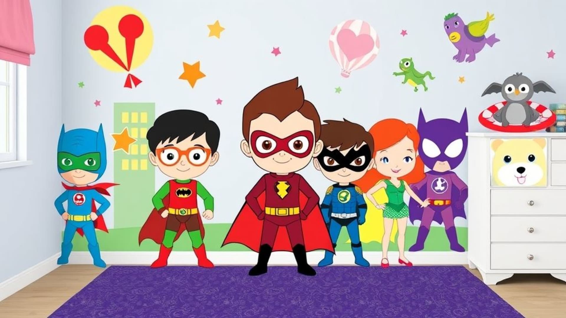 super-héros de dessins animés pour enfants animaux ludique couleurs vives fond ecran décor de pièce