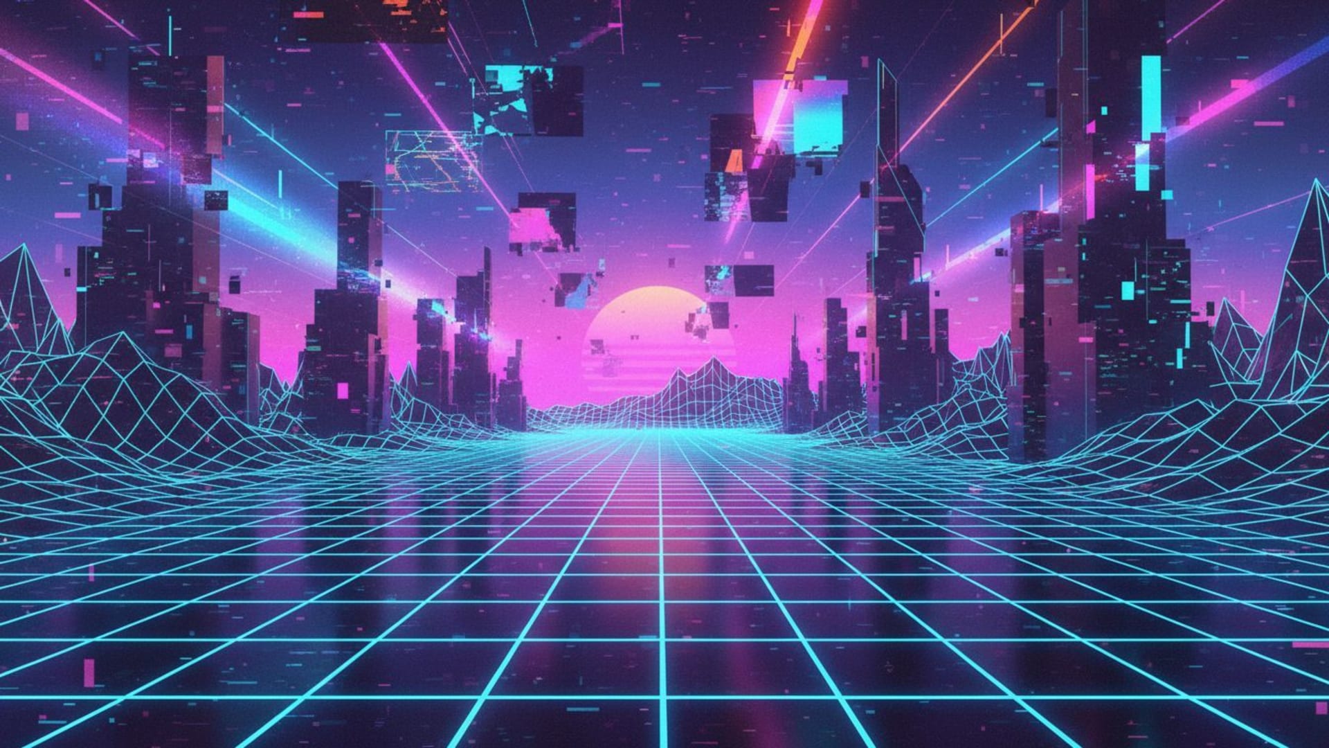 art numérique, glitch, vaporwave, cyberpunk, grille néon, fond ecran futuriste, synthwave, couleurs oniriques.