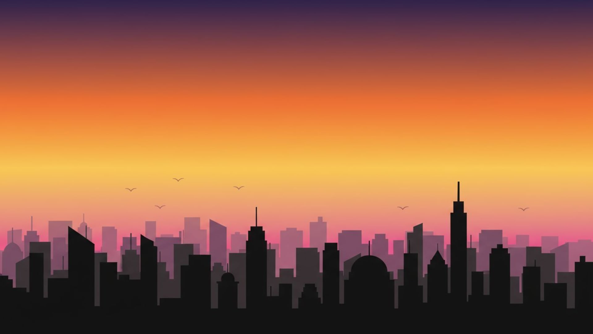 silhouettes du coucher de soleil sur l'horizon urbain, design plat minimaliste, fond d'écran moderne pour bureau