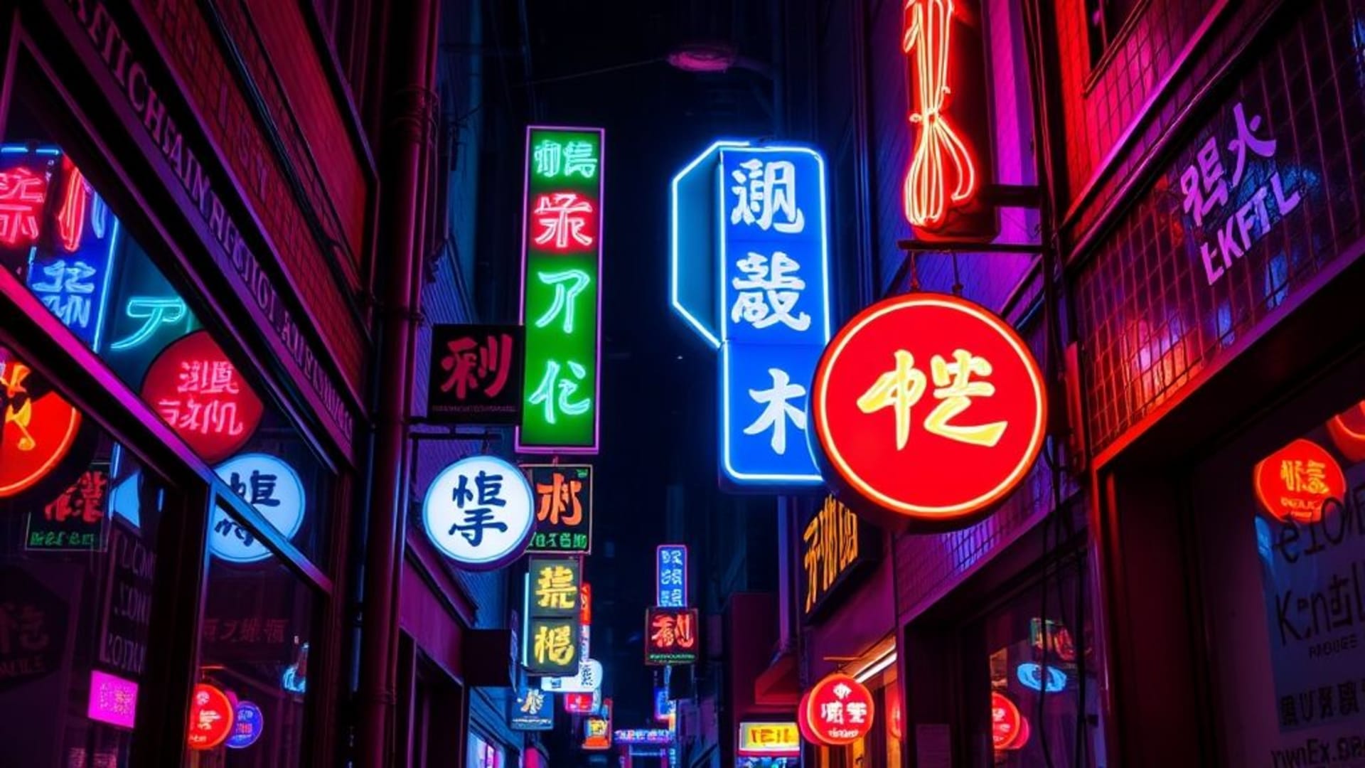 enseignes au néon ruelle urbaine nuit lumière réfléchissante brillante texture fond ecran