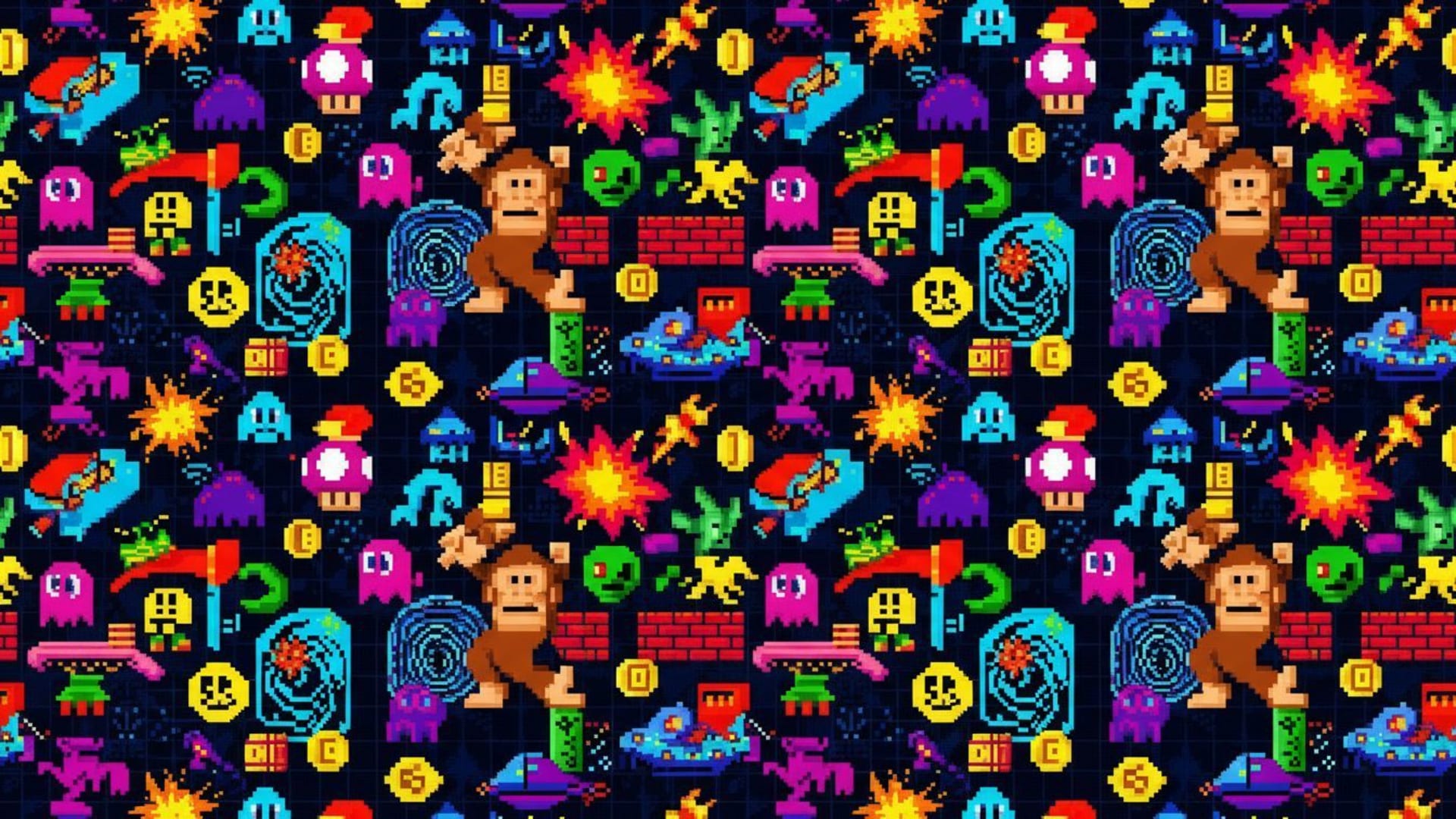 personnages de jeux rétro en pixel art, couleurs vives, fond ecran nostalgique, ambiance arcade.