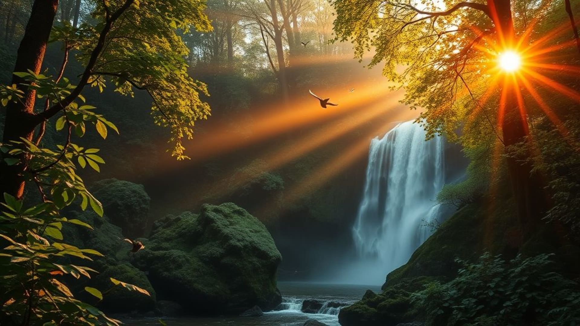 forêt nature cascade lever de soleil brume feuilles vertes lumière du soleil oiseaux rosée texture
