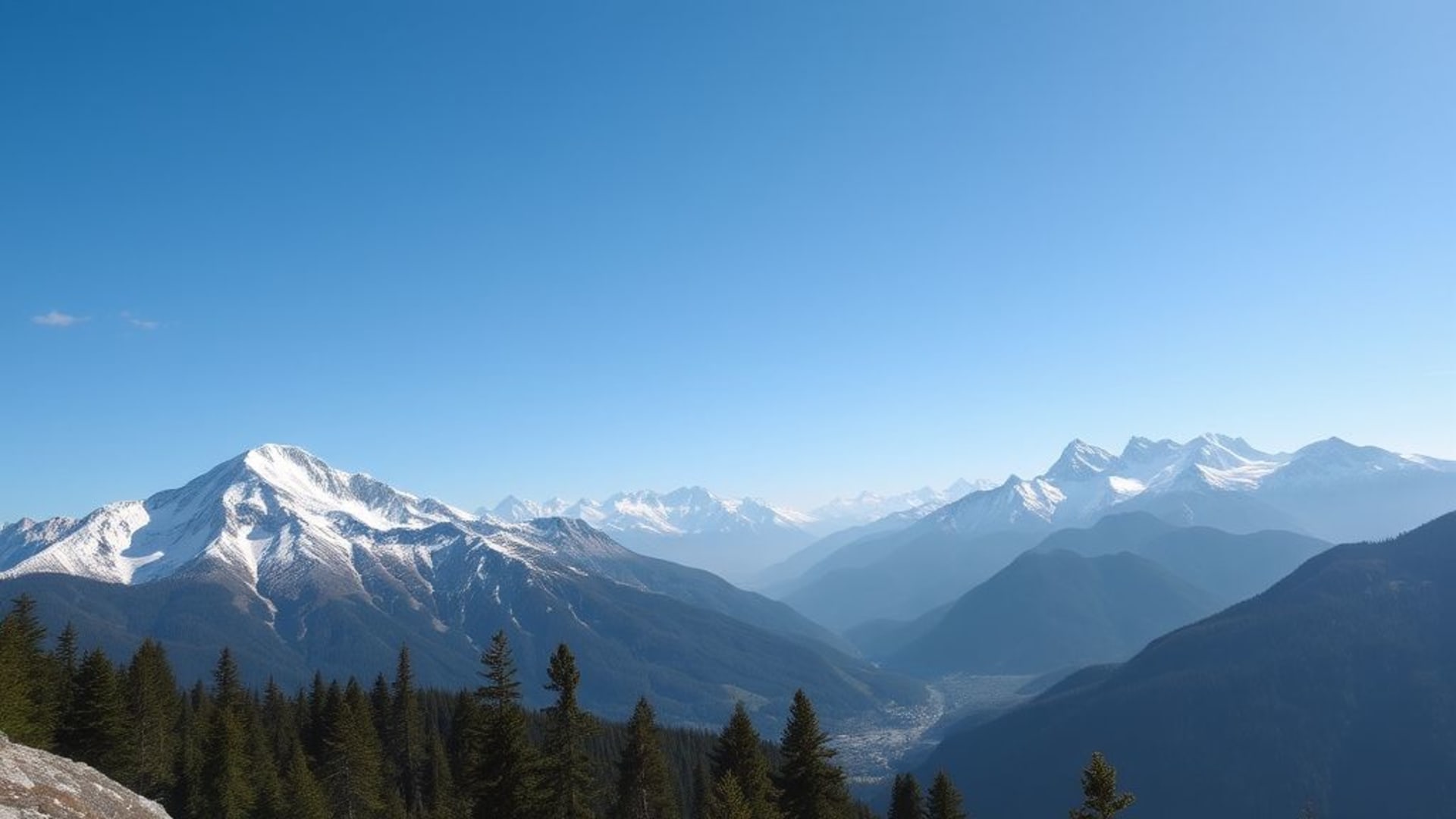 paysage de montagne alpine neige sommets ciel bleu pins vallée horizon panoramique