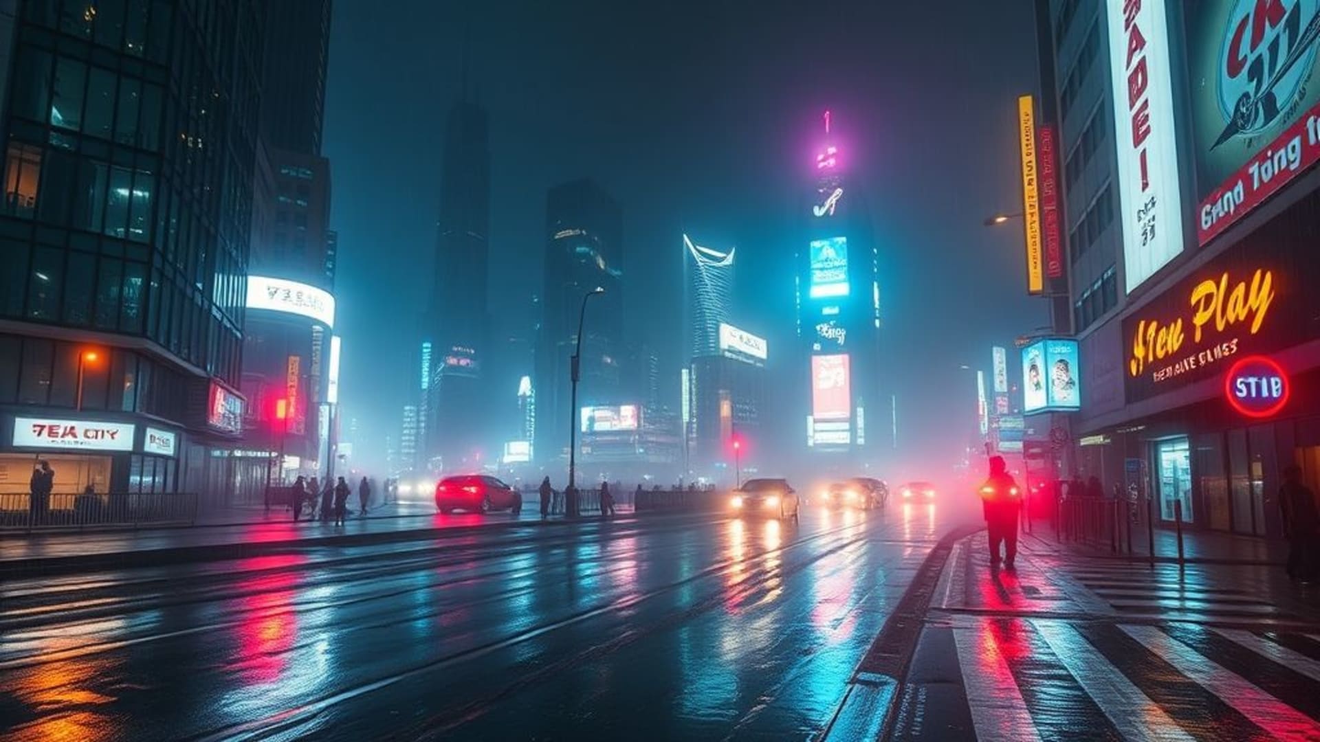 Nuit en ville cyberpunk pluie néon reflets gratte-ciel rues humides brouillard urbain