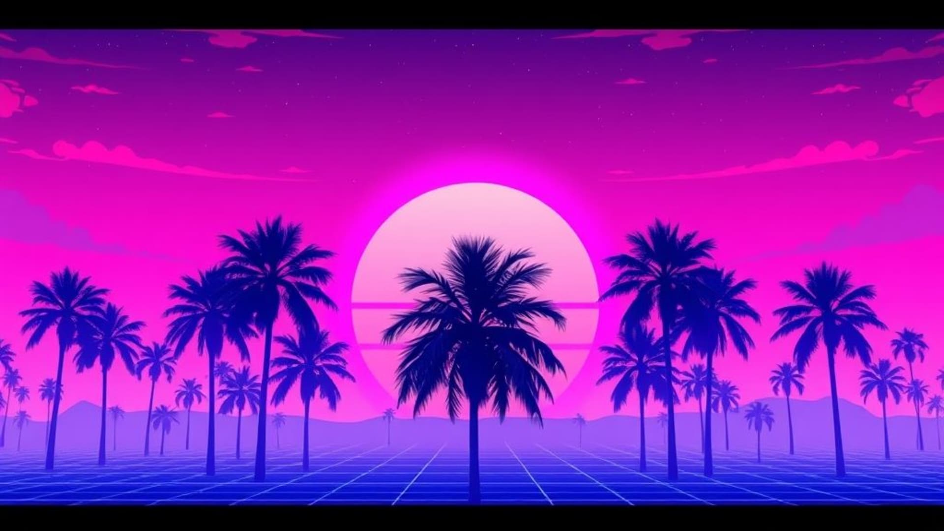 vaporwave rétro années 80 coucher de soleil palmiers grille cyberspace rose violet bleu