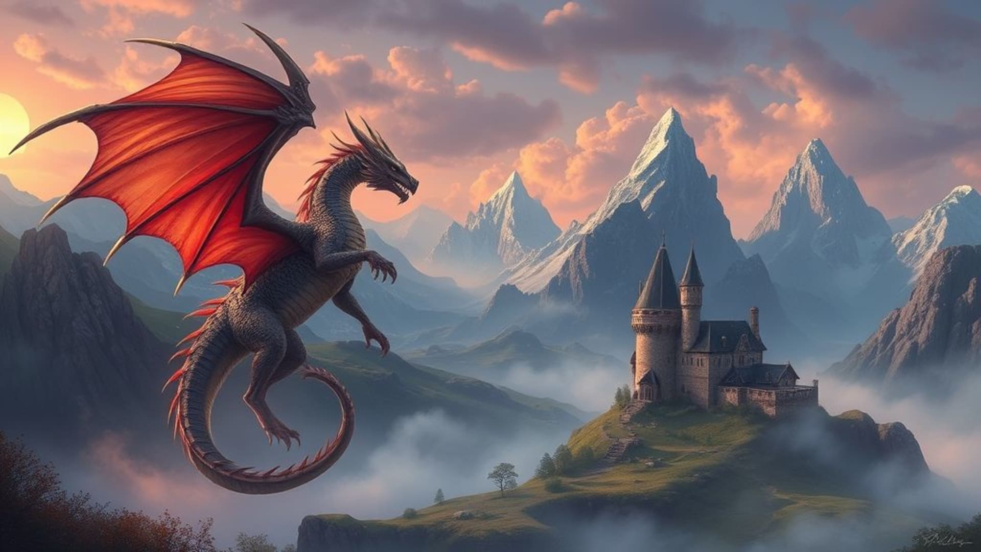 Paysage de fantasy de dragon, château magique dans la brume, montagnes et créatures, art de fantasy
