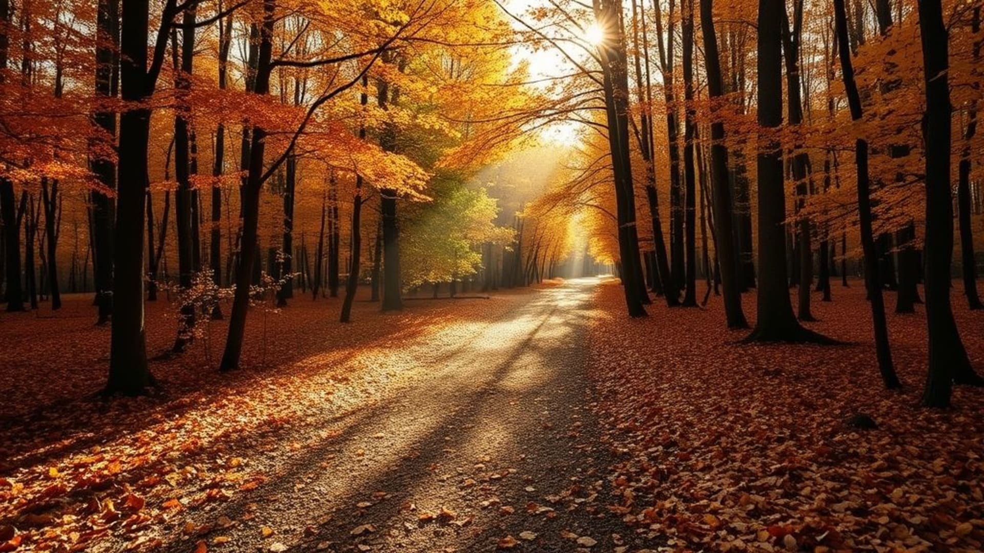 Sentier forestier feuilles d'automne lumière ambrée rayons de soleil piste tranquille sereine