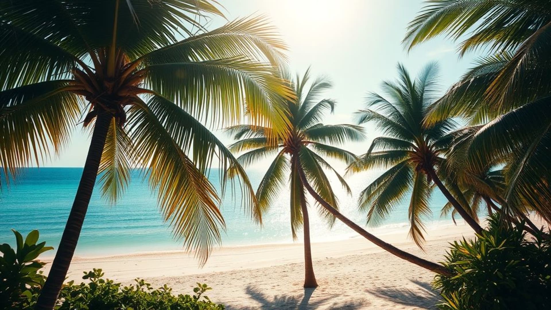 plage tropicale palmiers mer brise soleil sable turquoise horizon clair