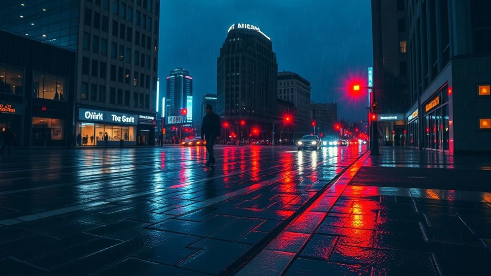 ville pluvieuse la nuit reflets de néons pavé mouillé ambiance sombre et atmosphérique