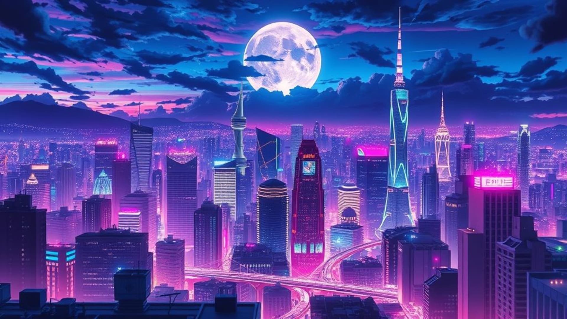 quartier urbain style anime couleurs néon ligne de skyline futuriste nocturne dramatique brillante art