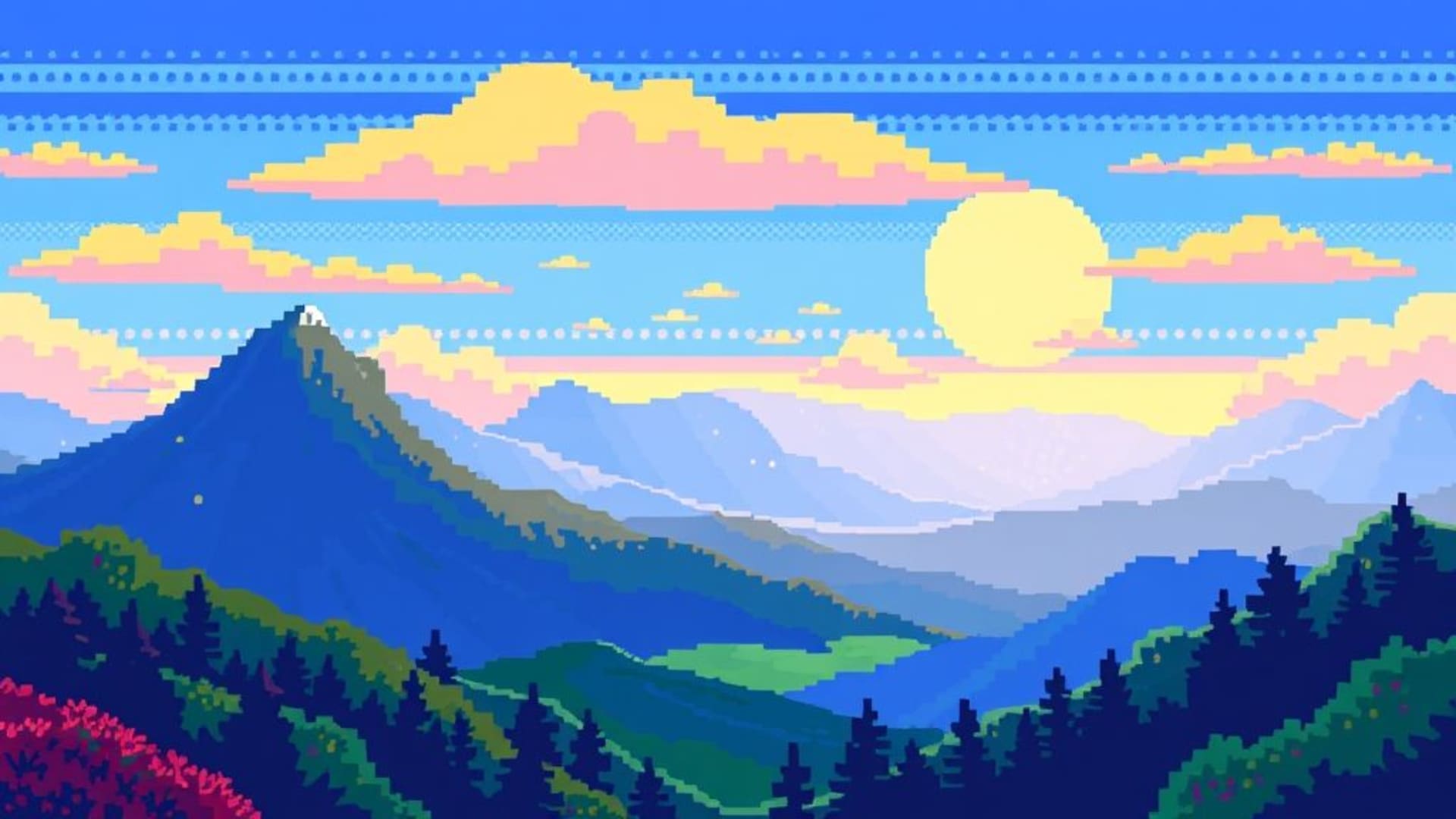 fond ecran de jeu rétro en pixel art avec grille colorée 8 bits paysage vibrant