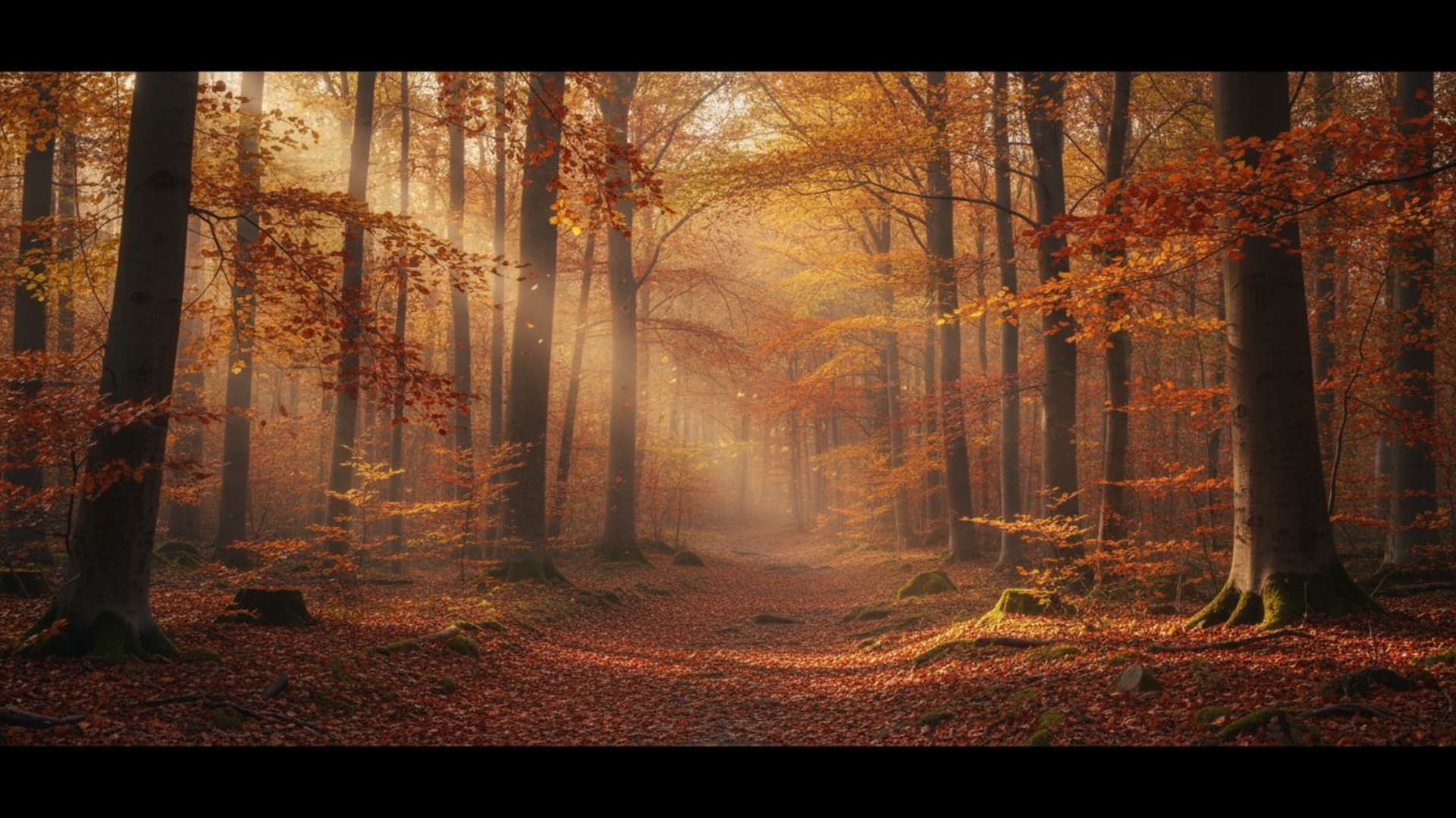 Les feuilles d'automne tombent dans la forêt, avec des tons chauds et un fond d'écran cosy 4K pour bureau.
