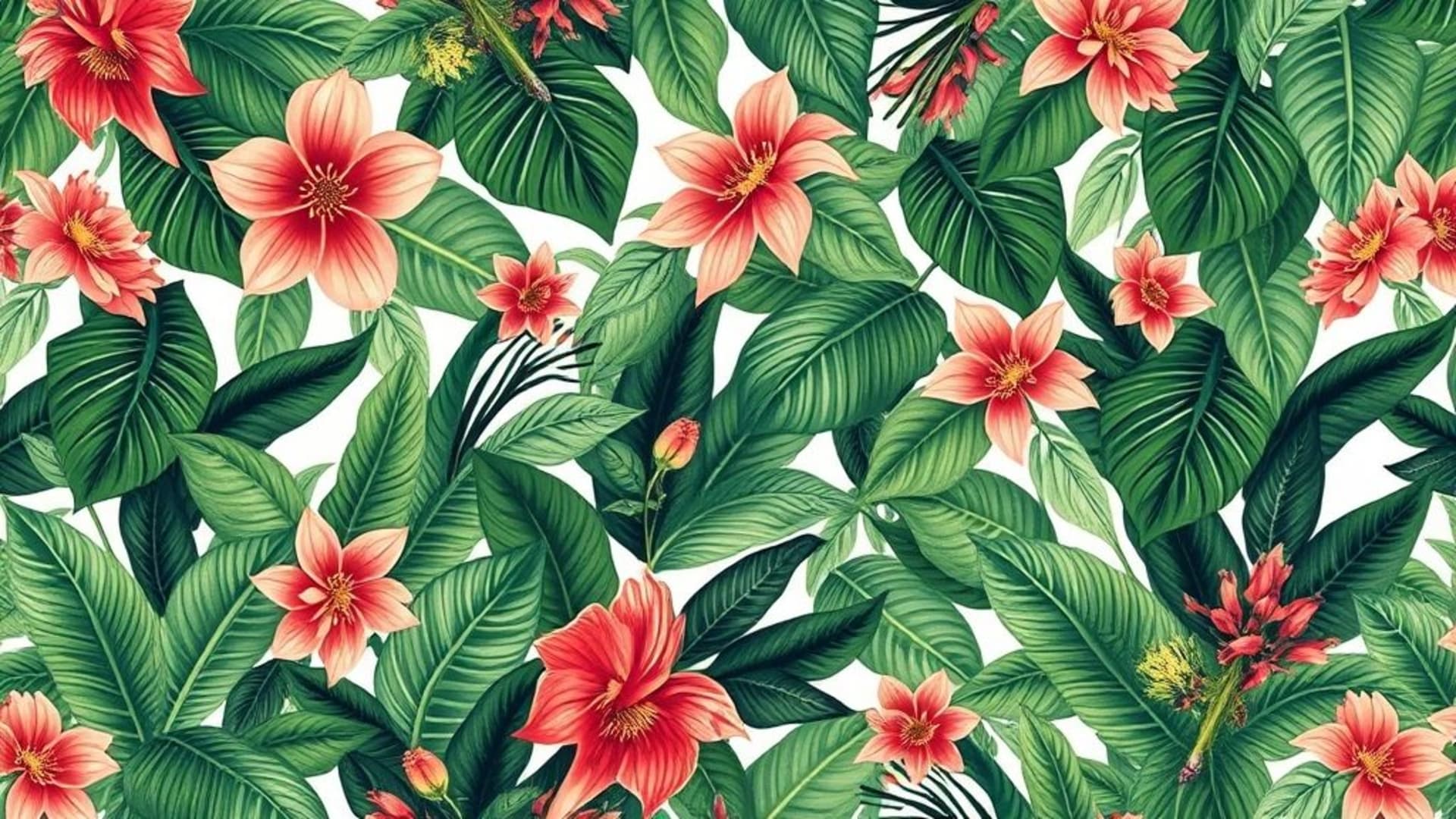 fond ecran florale feuilles botanique motif de fleurs luxuriantes jungle verdoyante tropicale