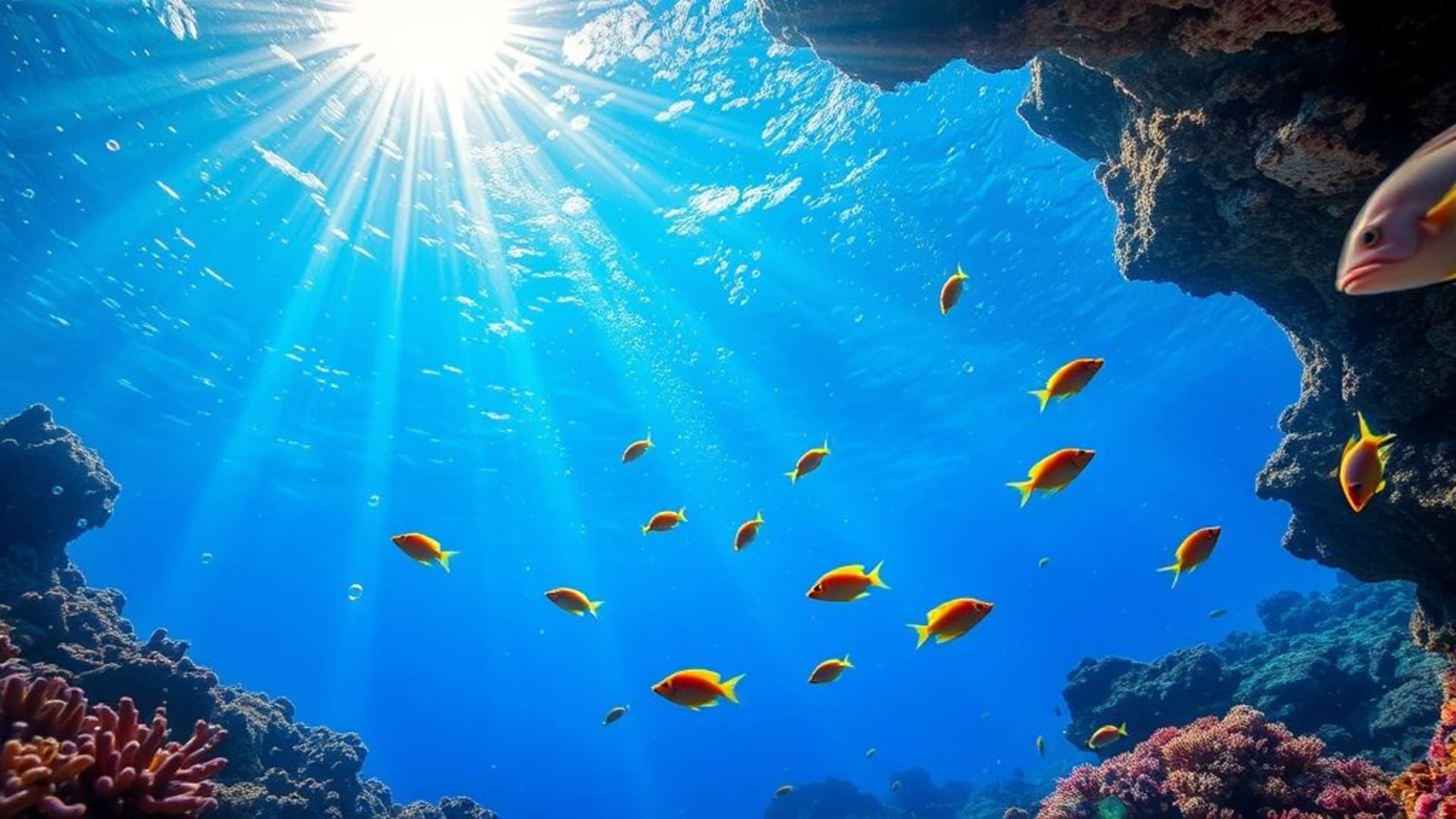 Récif sous-marin, corail, poisson, bulles, rayons de lumière, océan tropical, couleur bleue