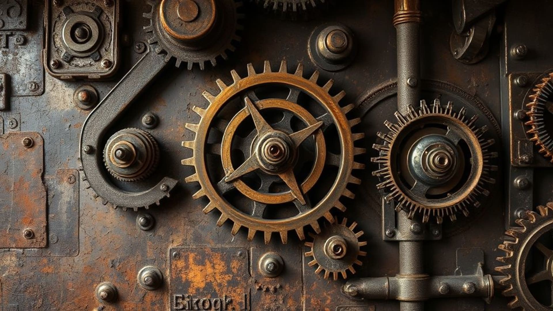 rouages de machinerie industrielle steampunk texture métallique rustique sombre antique encrassée mur