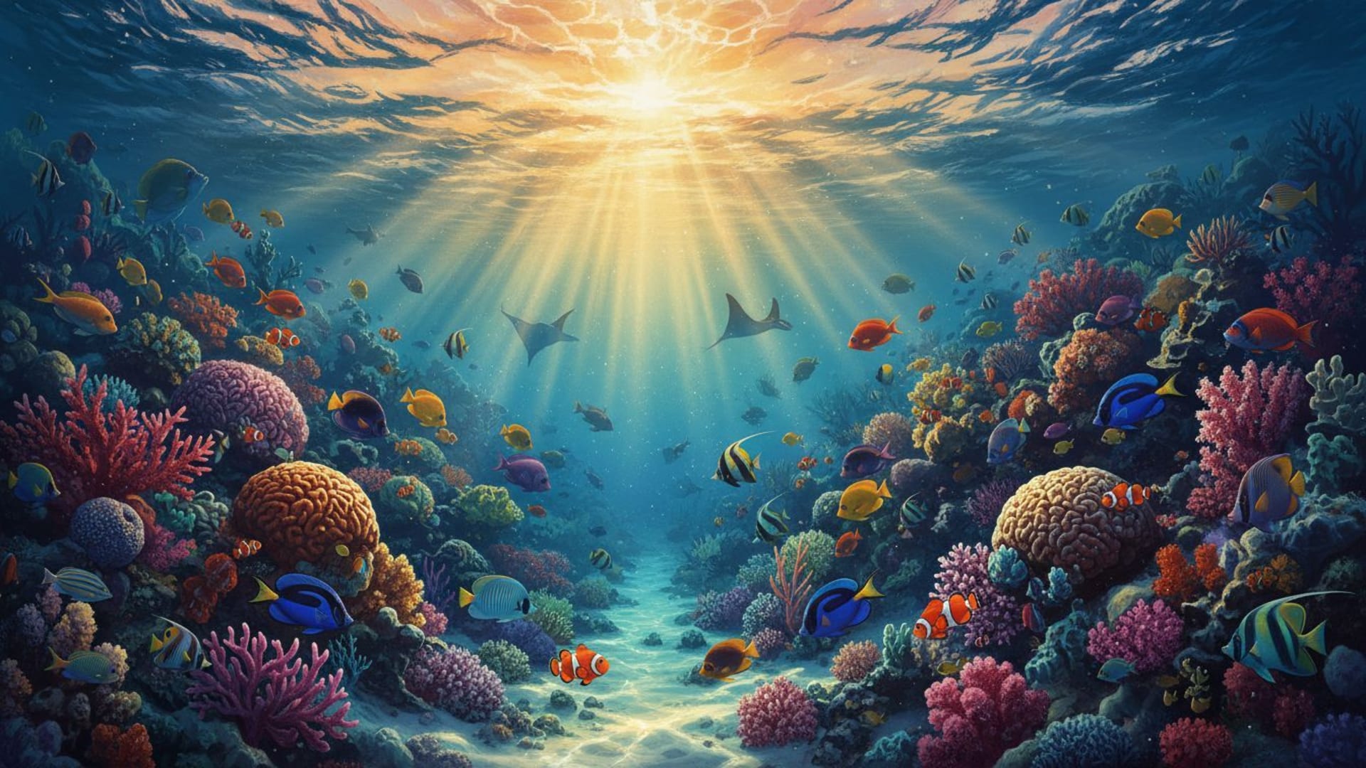 Peinture murale sous-marine représentant un récif corallien au coucher du soleil avec des rayons de lumière et des poissons tropicaux