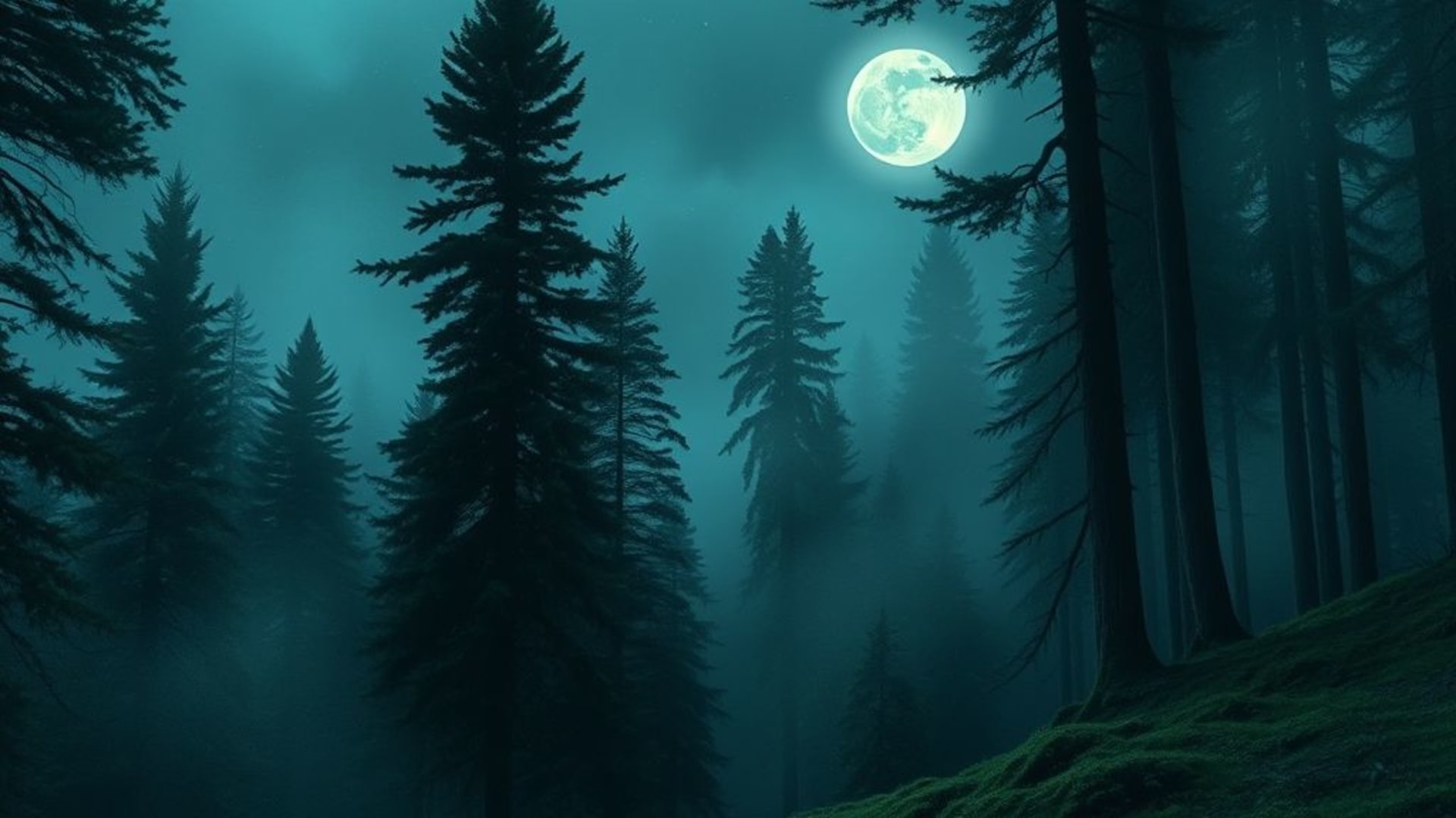 Nuit dans la forêt, brouillard, clair de lune, pins, aquarelle, art numérique, ambiance chaleureuse, nature, fond d'écran, paisible, émeraude, mousse, forêt tropicale