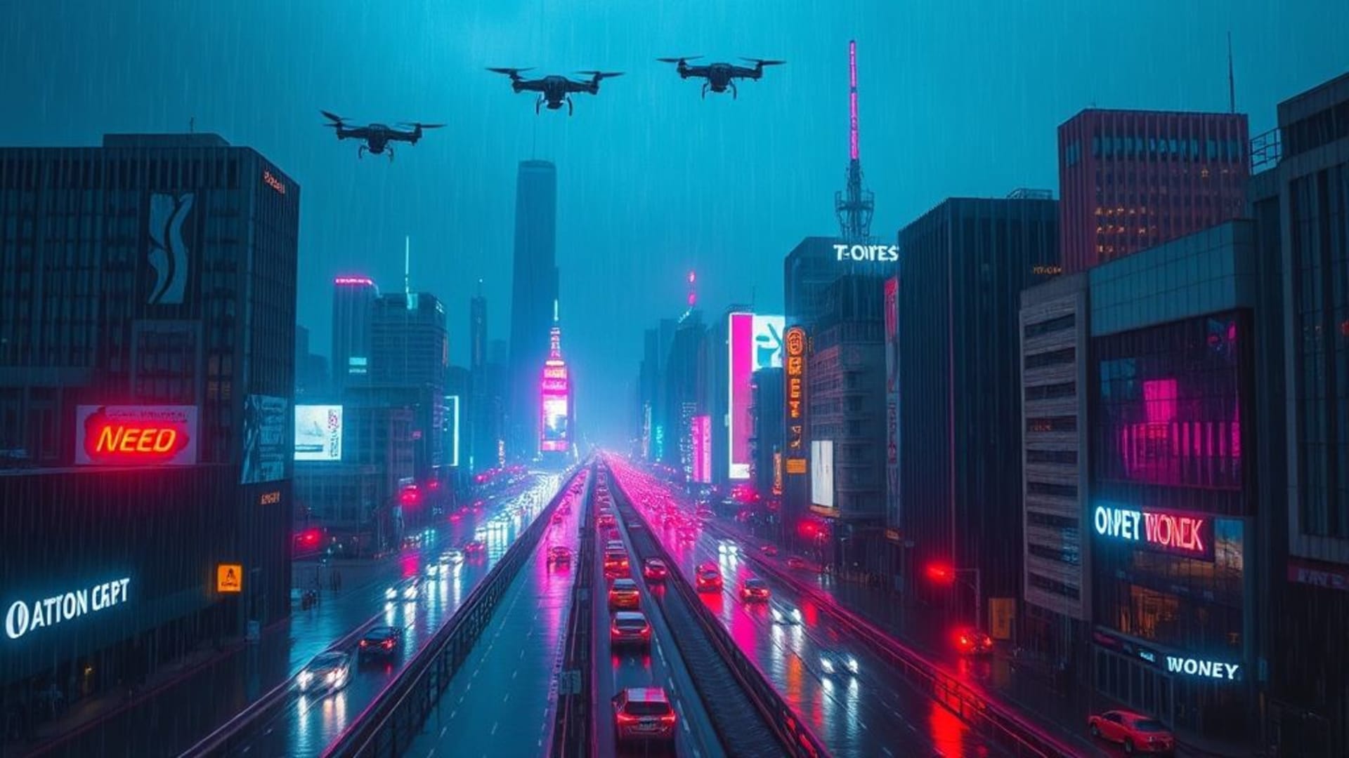 scape urbain cyberpunk neon pluie obscure futuriste skyline drones reflets glitch texture ultra vive