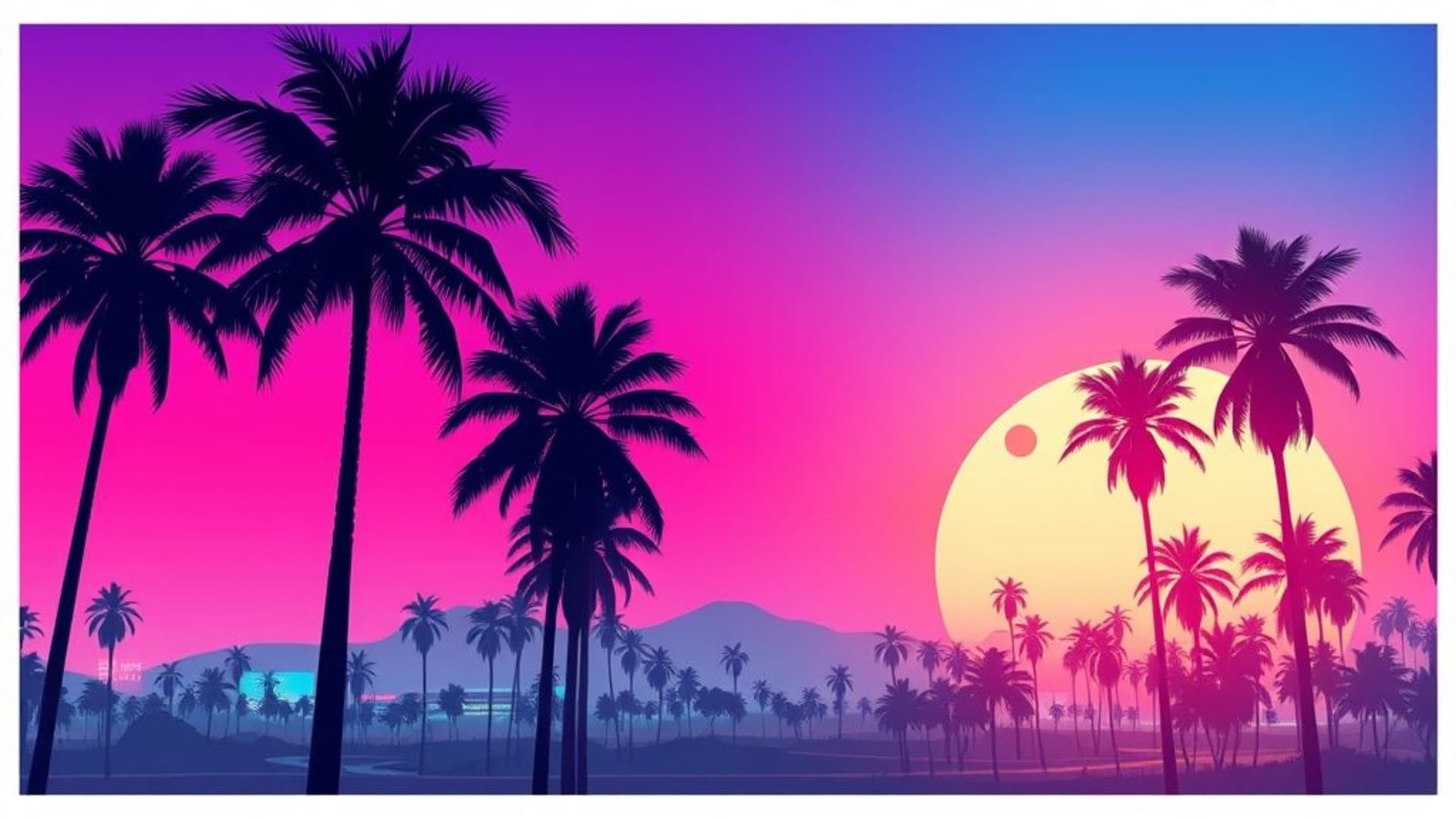 dégradé néon vaporwave palmiers rétro années 80 synthwave grille coucher de soleil nostalgie cyber esthétique