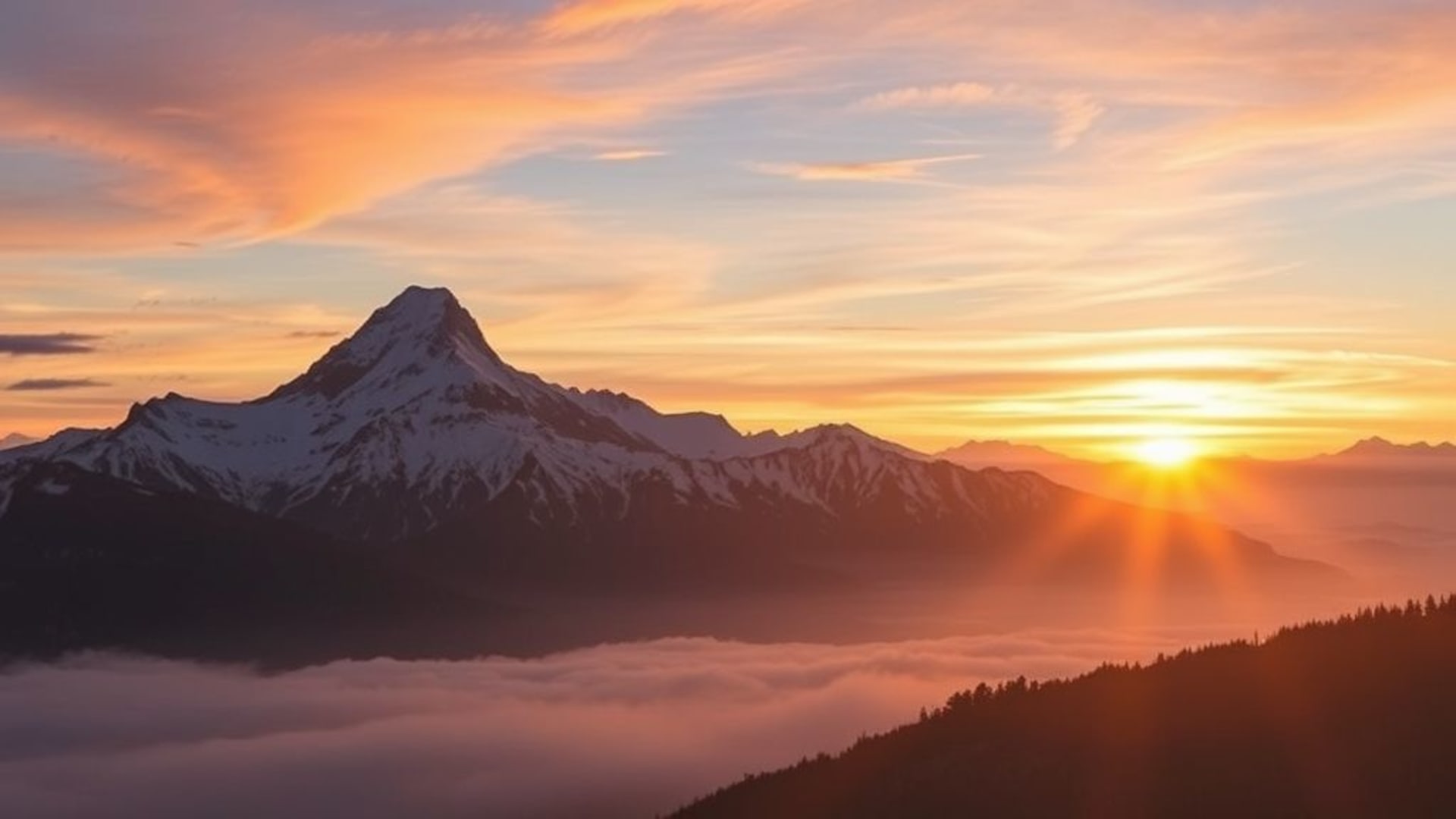 Paysage de montagne lever de soleil dégradés ciel nuageux brouillard neige sommets paisible fond ecran panoramique nature