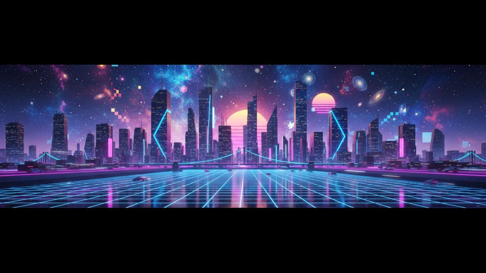 fond d'écran 4K pour bureau au style cosmique néon cyberpunk synthwave grille et ligne d'horizon vaporwave