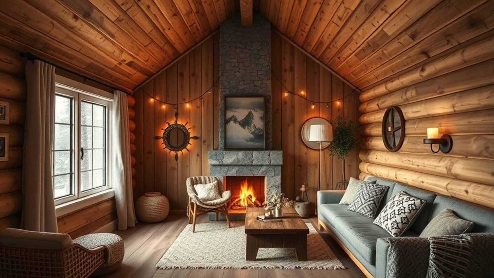 intérieur de cabine nordique chaleureuse textures de bois douces éclairage hygge fond ecran 4k