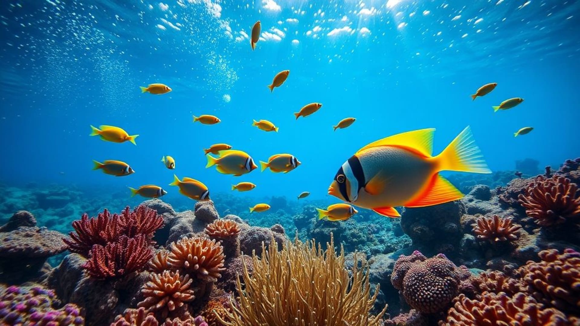 récif corallien sous-marin poissons tropicaux couleurs vives lumières pétillantes rayons de soleil gros plan macro