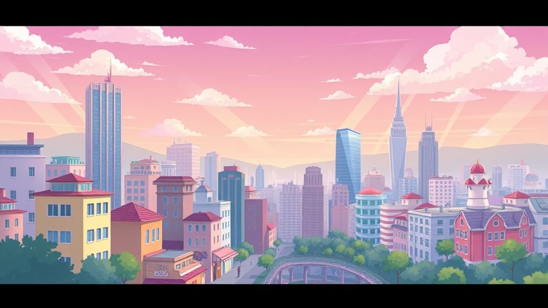 Paysage urbain en style chibi avec des couleurs pastel mignonnes, joyeuses, vives, fond d'écran.