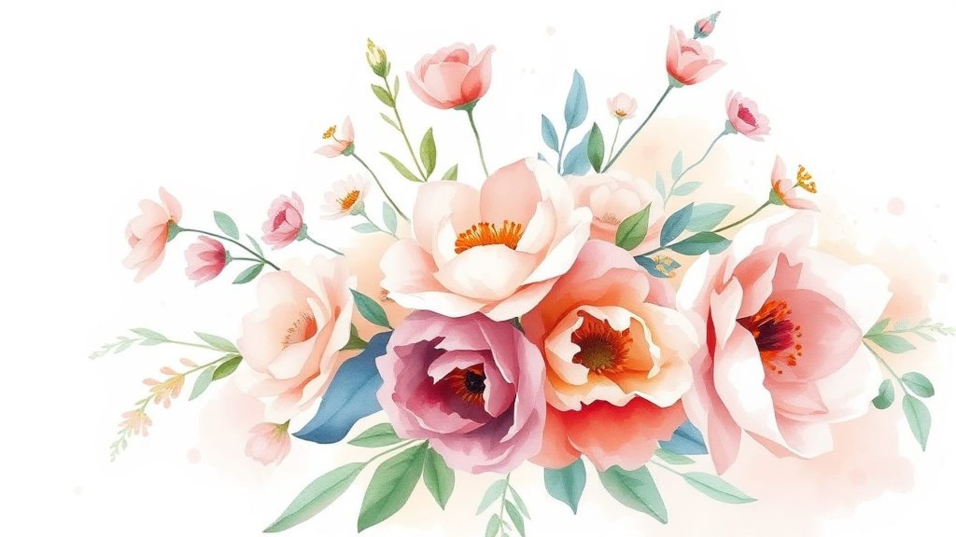 un bouquet floral à l'aquarelle avec des coups de pinceau lâches, une palette pastel douce, fond ecran romantique vintage