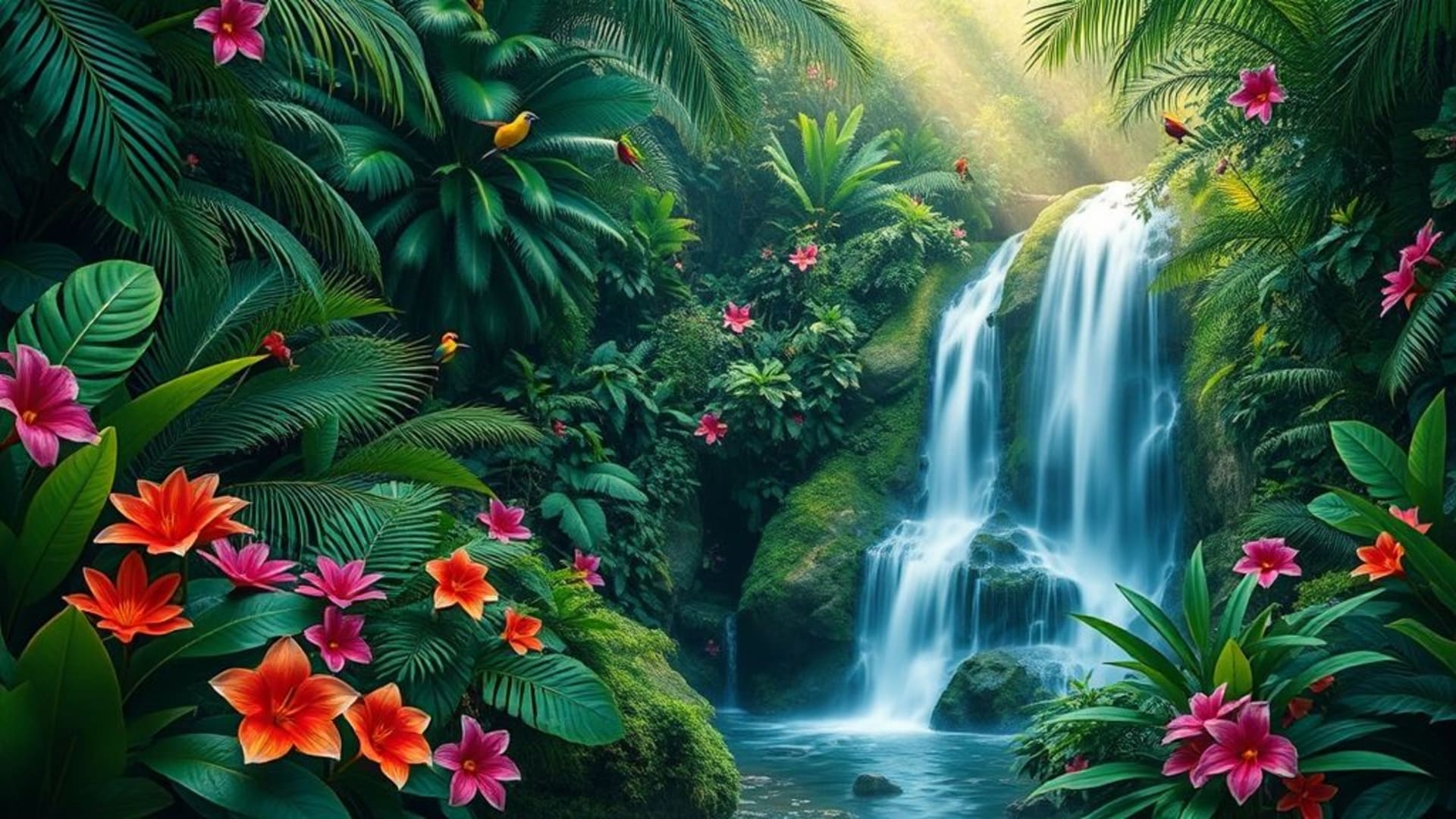 forêt tropicale végétation luxuriante cascade oiseaux fleurs exotiques fond ecran vif