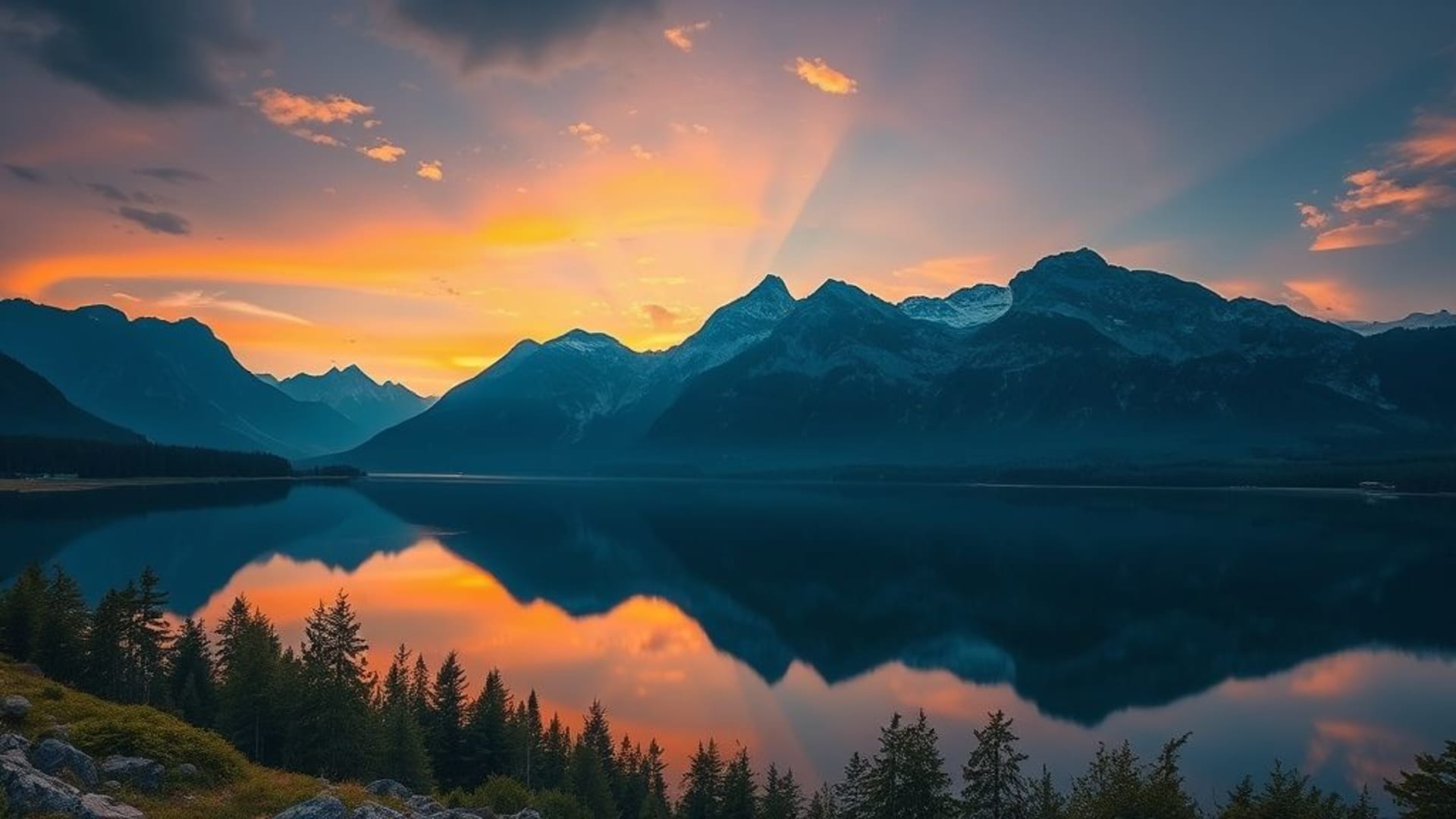 Reflet de montagne lac coucher de soleil panorama très large fond d'écran nature paysage