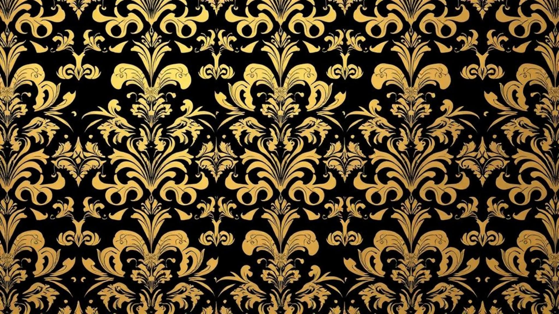 fond ecran intérieur luxueux à motif damassé orné, classique baroque avec des volutes dorées et noires