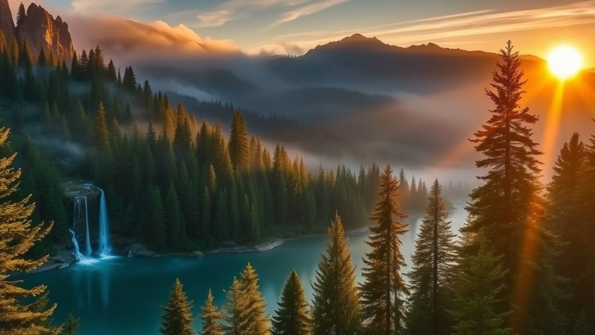 nature forêt brouillard lever du soleil montagnes cascade lac pins rosée lumière du soleil flou texture HDR fond d'écran