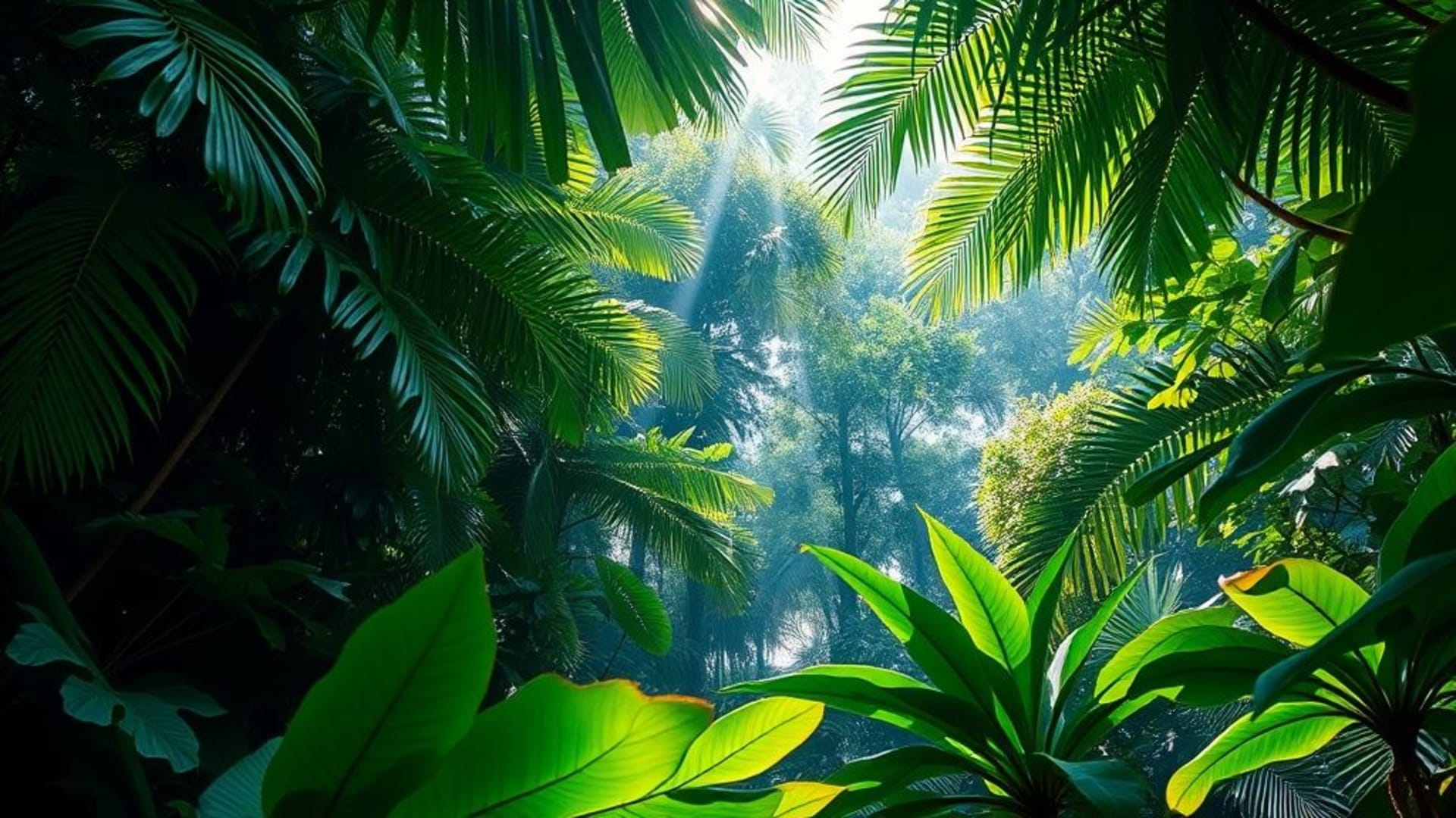 canopée de forêt tropicale luxuriante feuilles émeraude rayons de soleil humidité oiseaux exotiques textures macro fond d'écran vif