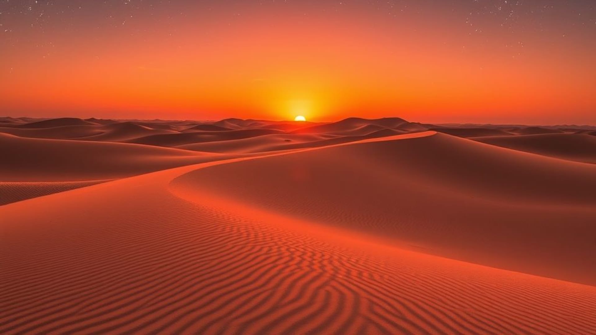 Dunes désertiques coucher de soleil orange sable vent ondulations silhouettes ciel étoilé minimalisme fond ecran