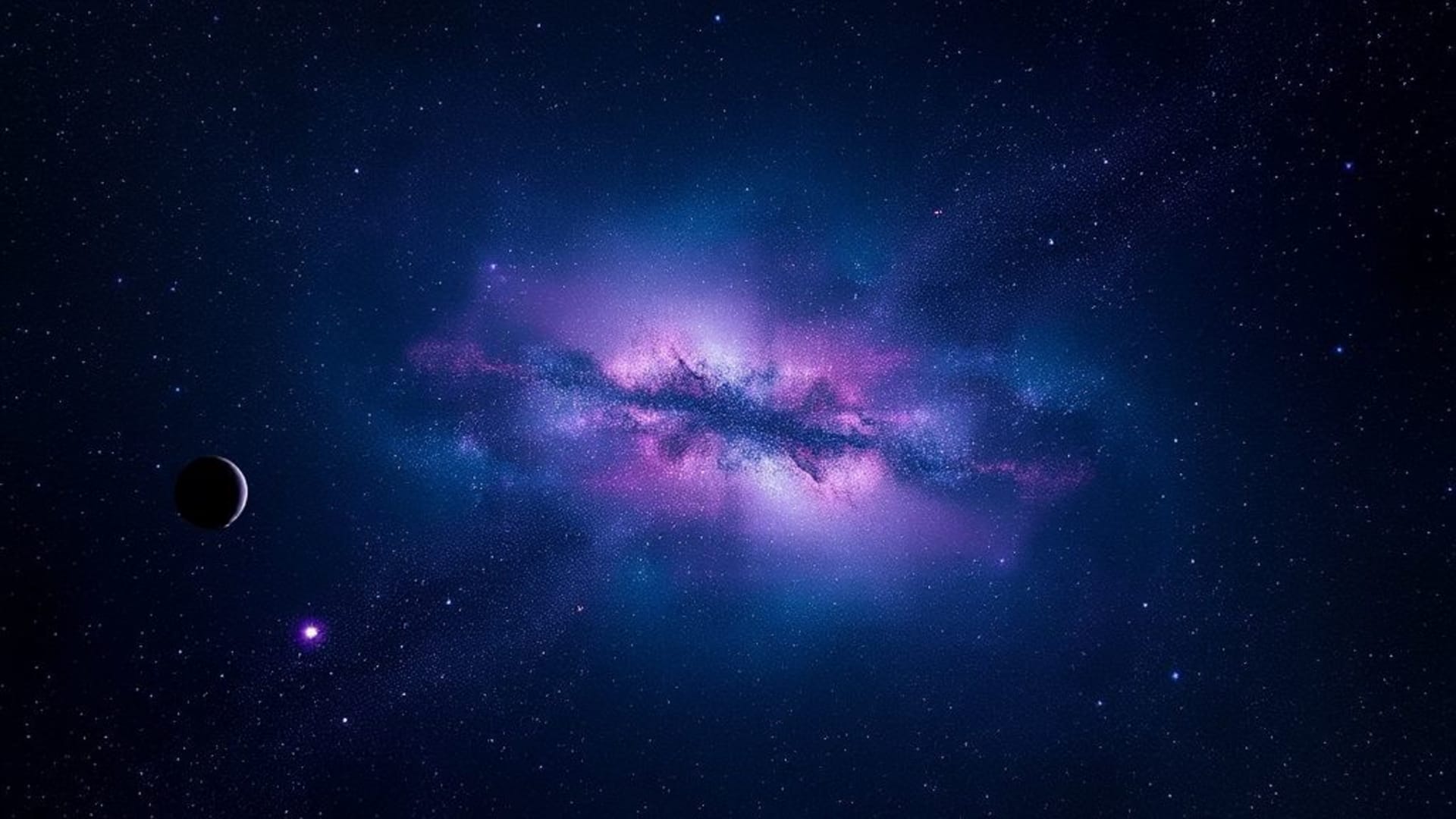 galaxie espace nébuleuse étoiles planètes poussière cosmique bleu foncé violet ciel étoilé fond ecran