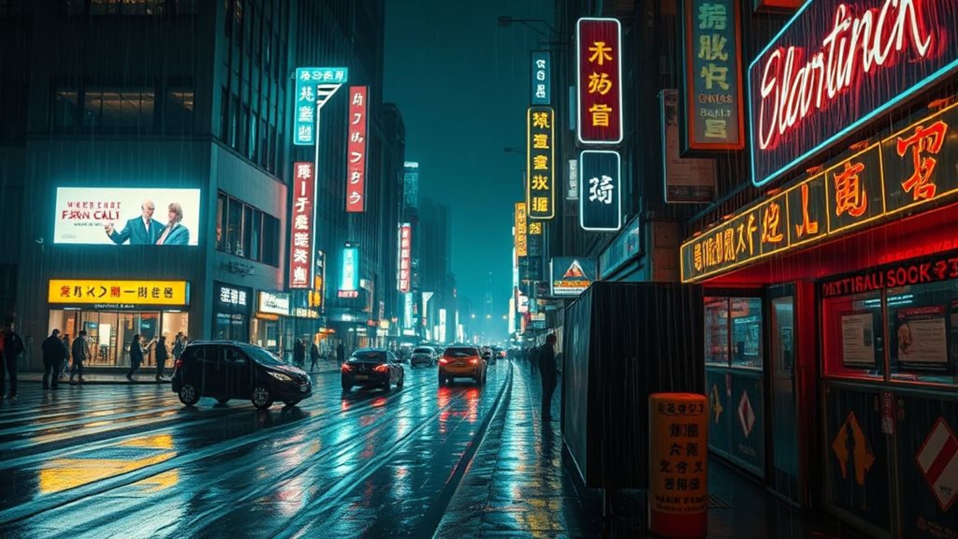 nuit urbaine pluvieuse de ville cyberpunk reflets enseignes au néon texture granuleuse ambiance sombre fond ecran urbain