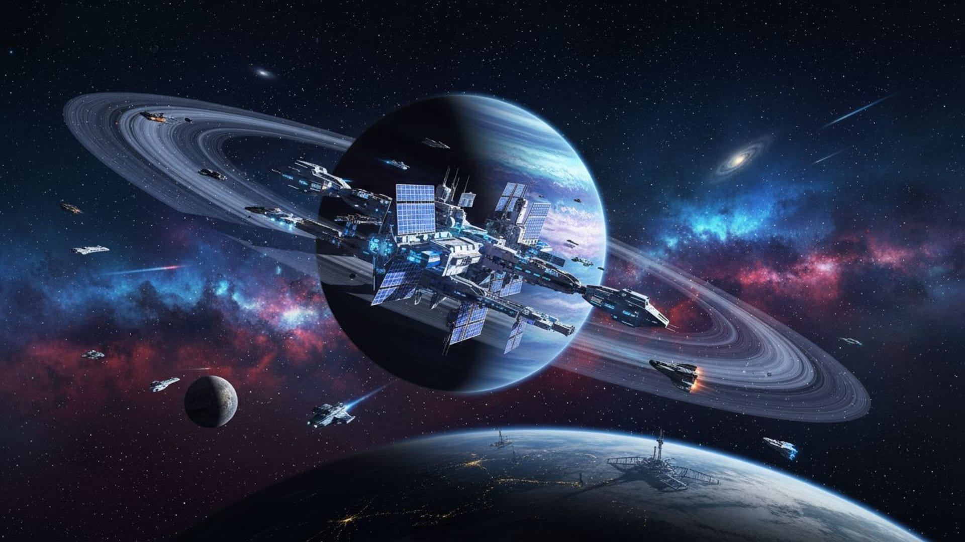 Station spatiale en orbite autour d'une planète, art futuriste, fond d'écran science-fiction 4K.