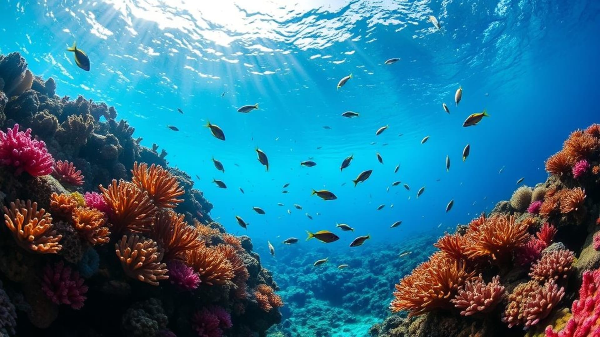 vie marine de récif corallien en eaux profondes poissons tropicaux rayons de soleil bleu cyan fond ecran