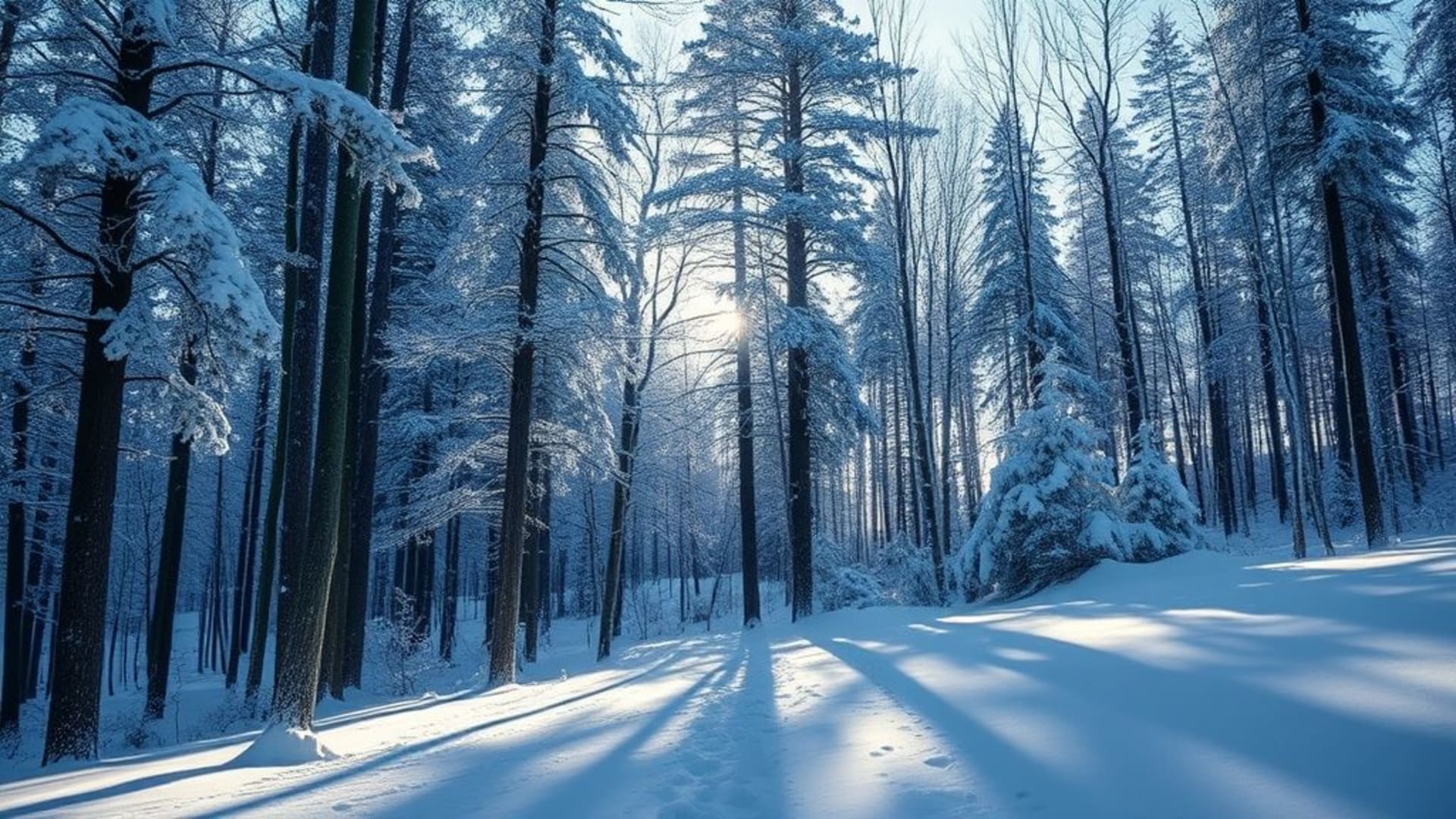 Neige d'hiver forêt arbres glacés givre scintillement longues ombres bleu frais fond ecran