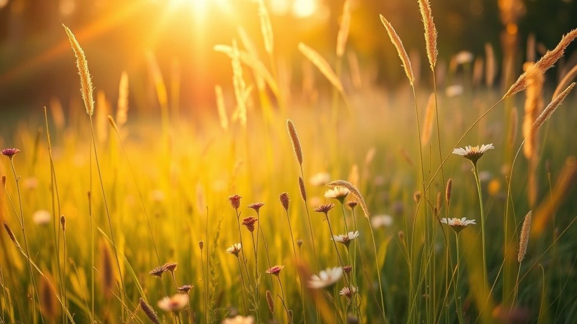 Prairie ensoleillée fleurs sauvages hautes herbes brise chaude heure dorée ciel pastel soleil imaginaire fond ecran vif