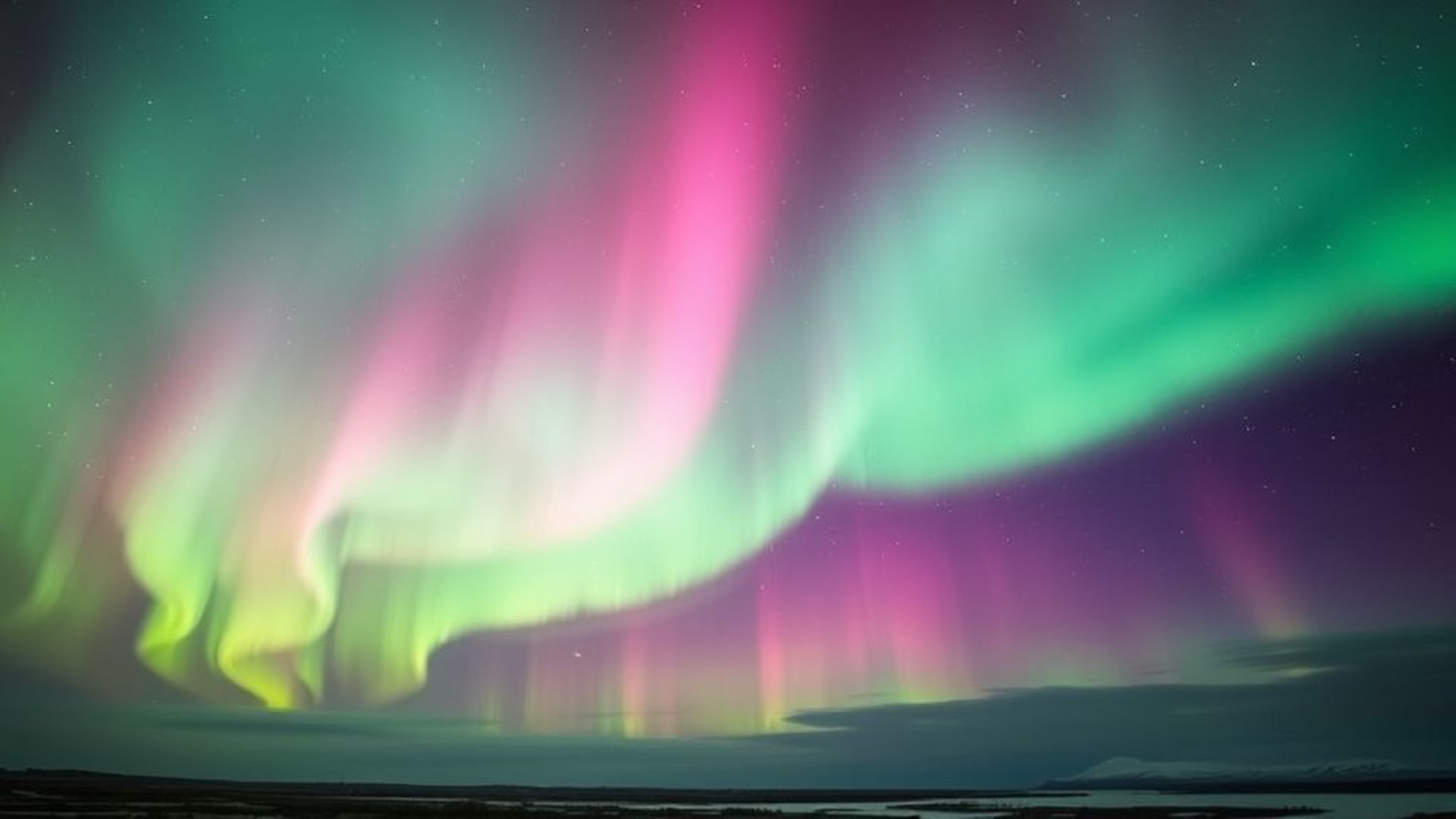 aurore boréale aurore polaire ciel vert rose violet rideaux de lumière paysage fond ecran