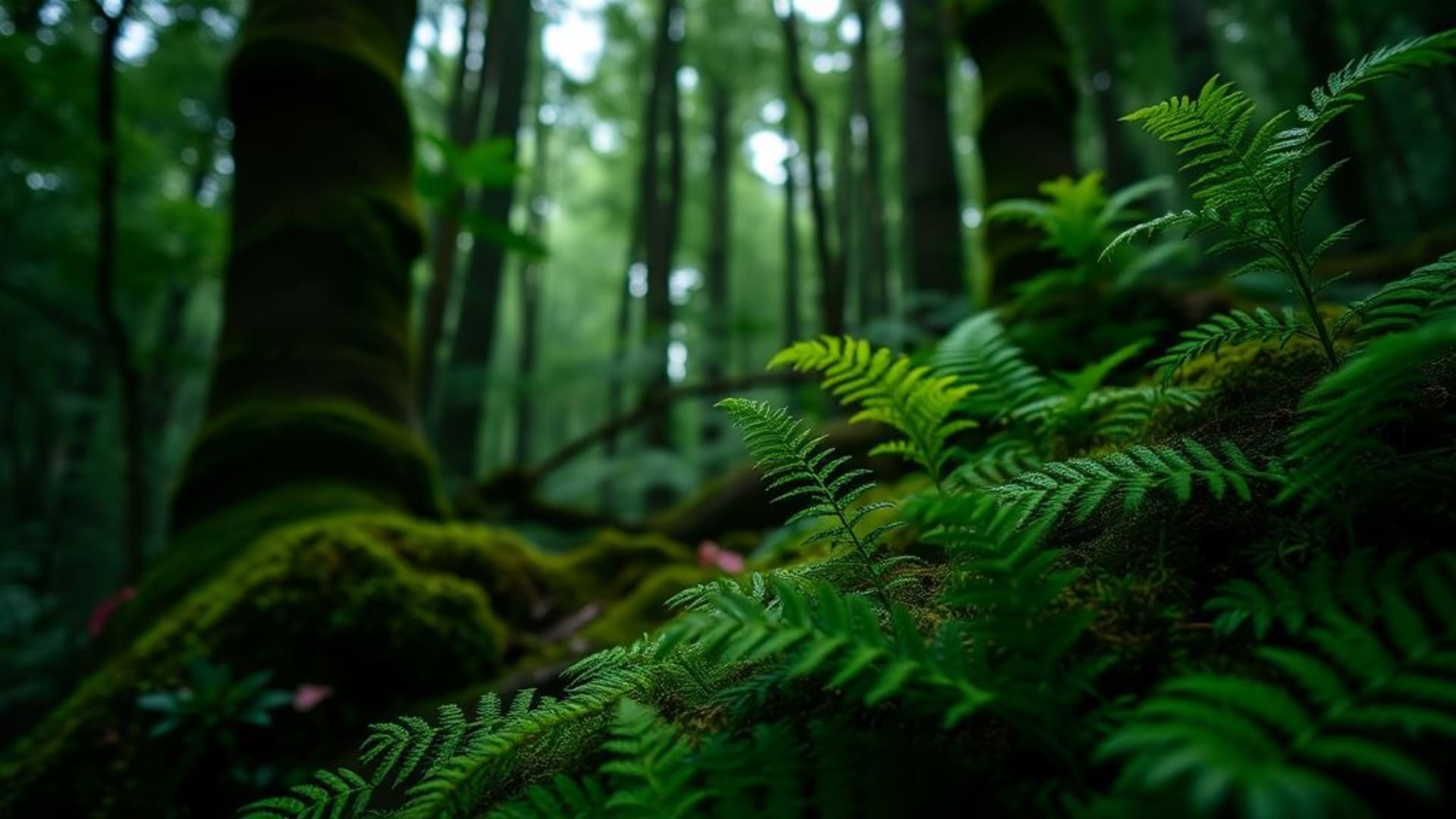 Luminosité filtrée par la canopée forestière, mousse émeraude, fougères, plantes en macro, nature, gros plan, fond d'écran