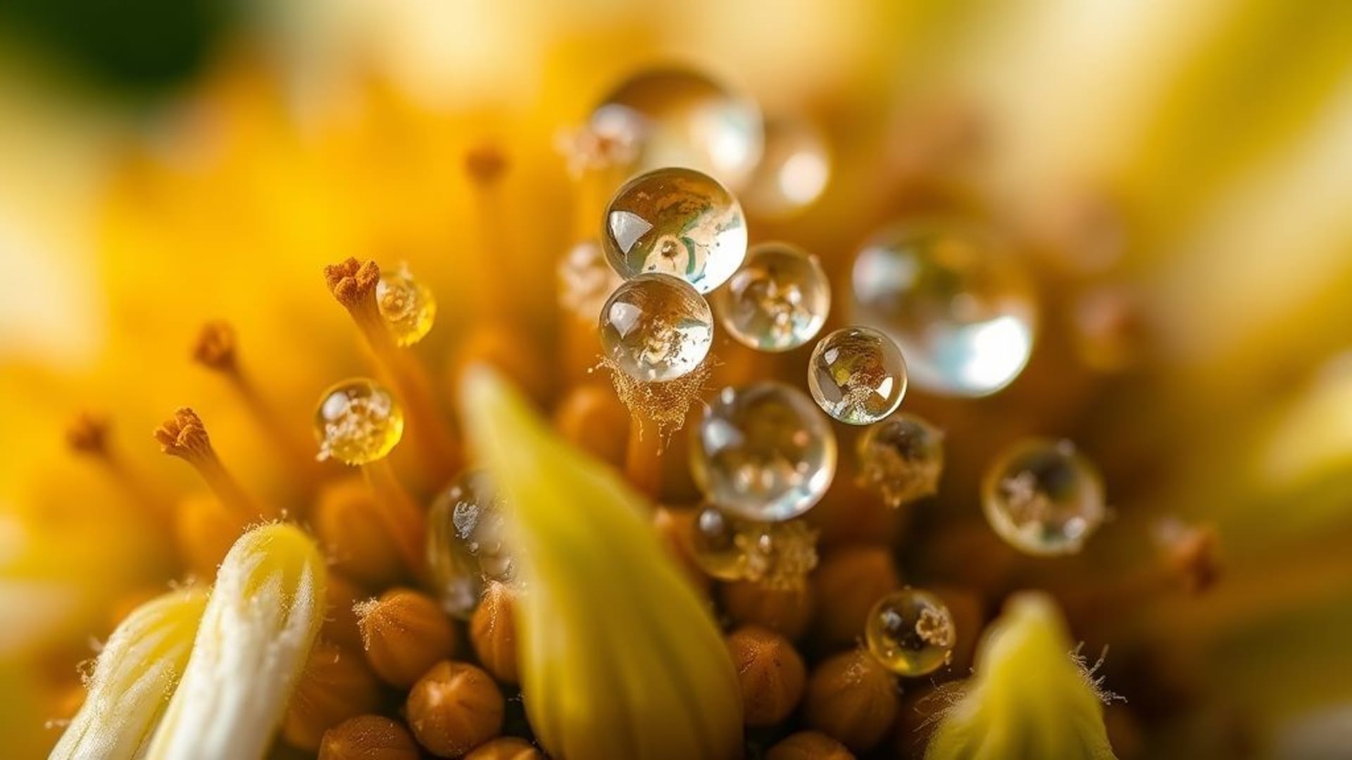 Grossissement macro de textures, graines, pétales, gouttelettes de rosée, motifs naturels, fond ecran