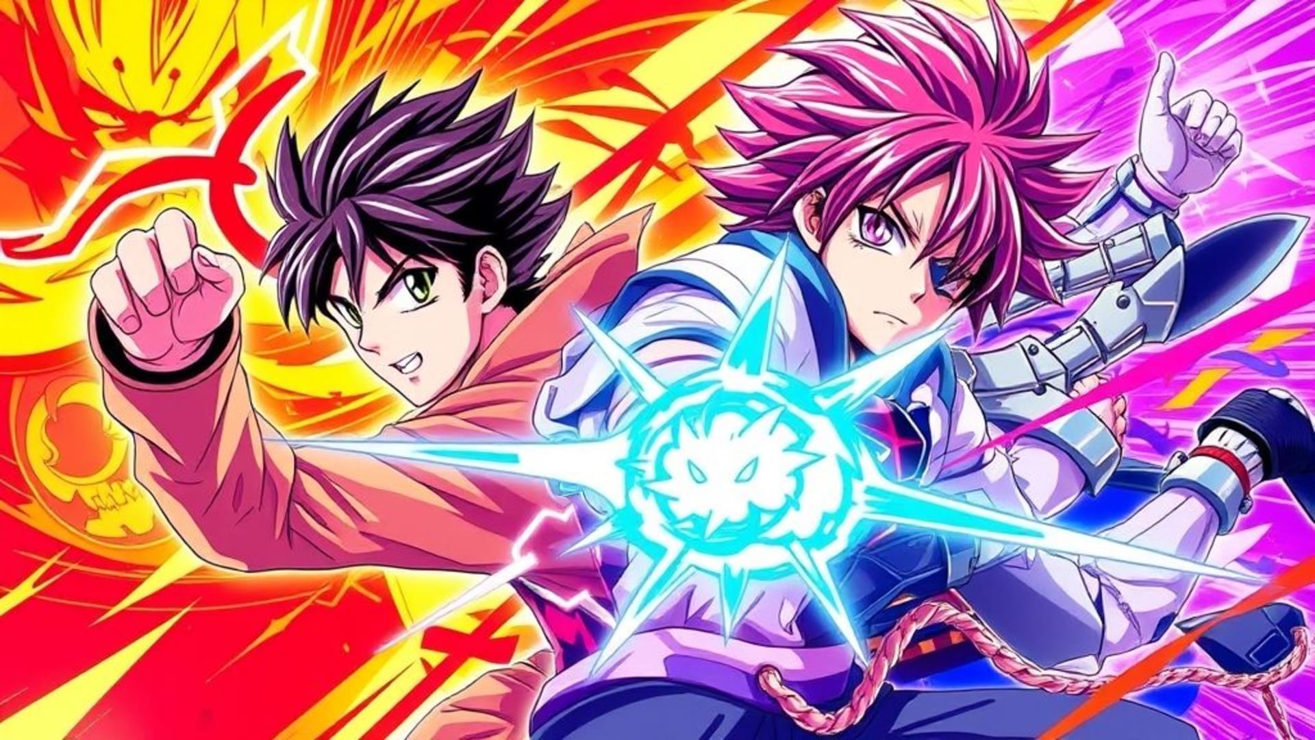 fond ecran de style anime aux couleurs vibrantes, action dynamique, portraits de personnages, art numérique