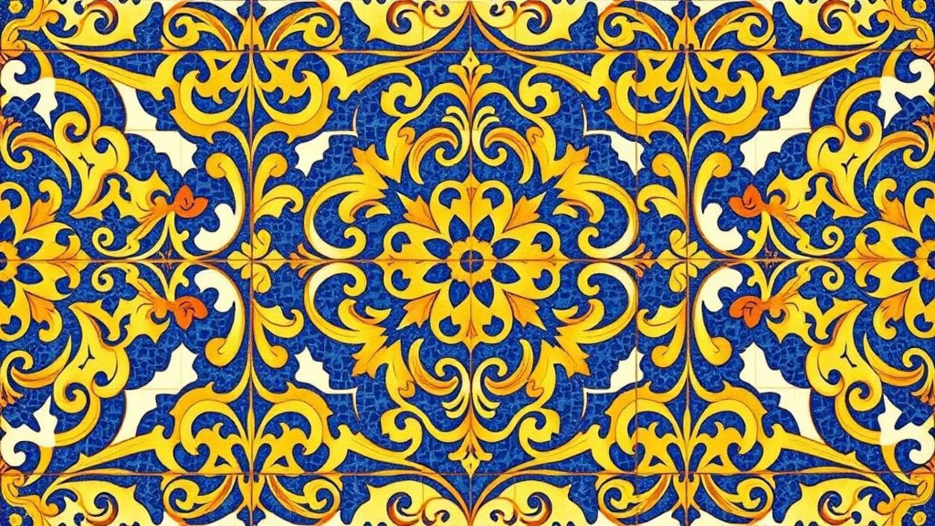Motif ornemental en arabesque carrelage mosaïque doré et bleu conception de fond ecran complexité du travail de carreaux baroque