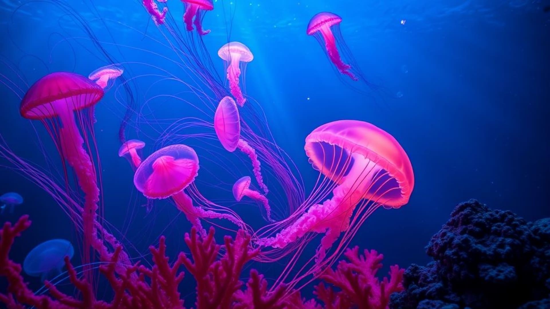 monde sous-marin méduse scintillante néon récif corallien lumière bleue fond ecran