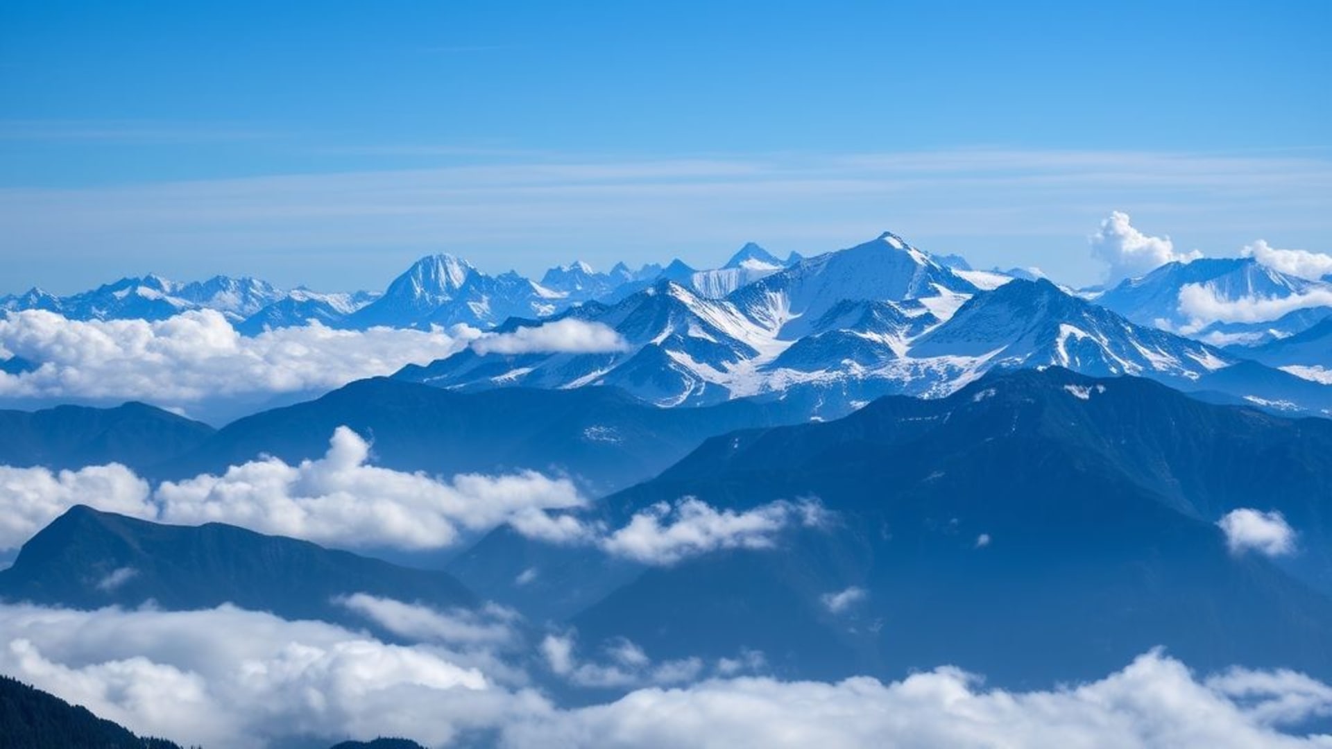 Chaîne de montagnes sommets alpins enneigés nuages ciel bleu fond ecran panoramique