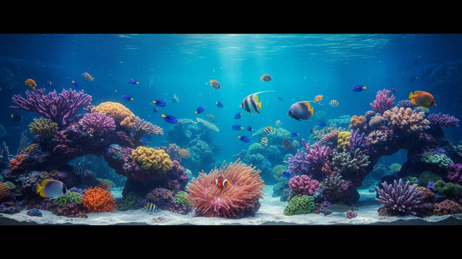Récif sous-marin, poissons tropicaux, corail, aquarium, bleu turquoise, éclairage scintillant, fond ecran.